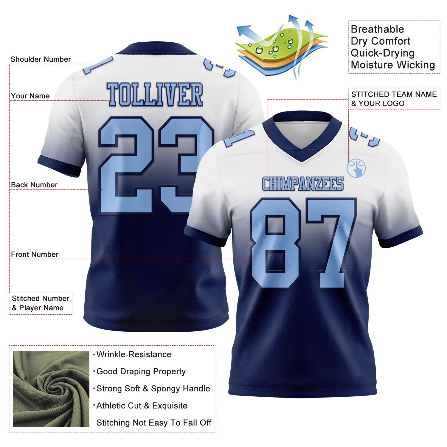 Custom White Light Blue-Navy Authentic Fade Fashion Football Jersey - Image 2