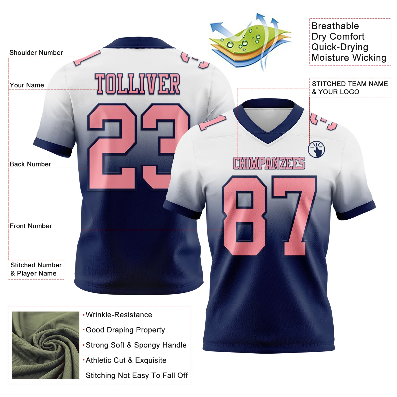 Custom White Medium Pink-Navy Authentic Fade Fashion Football Jersey - Image 2