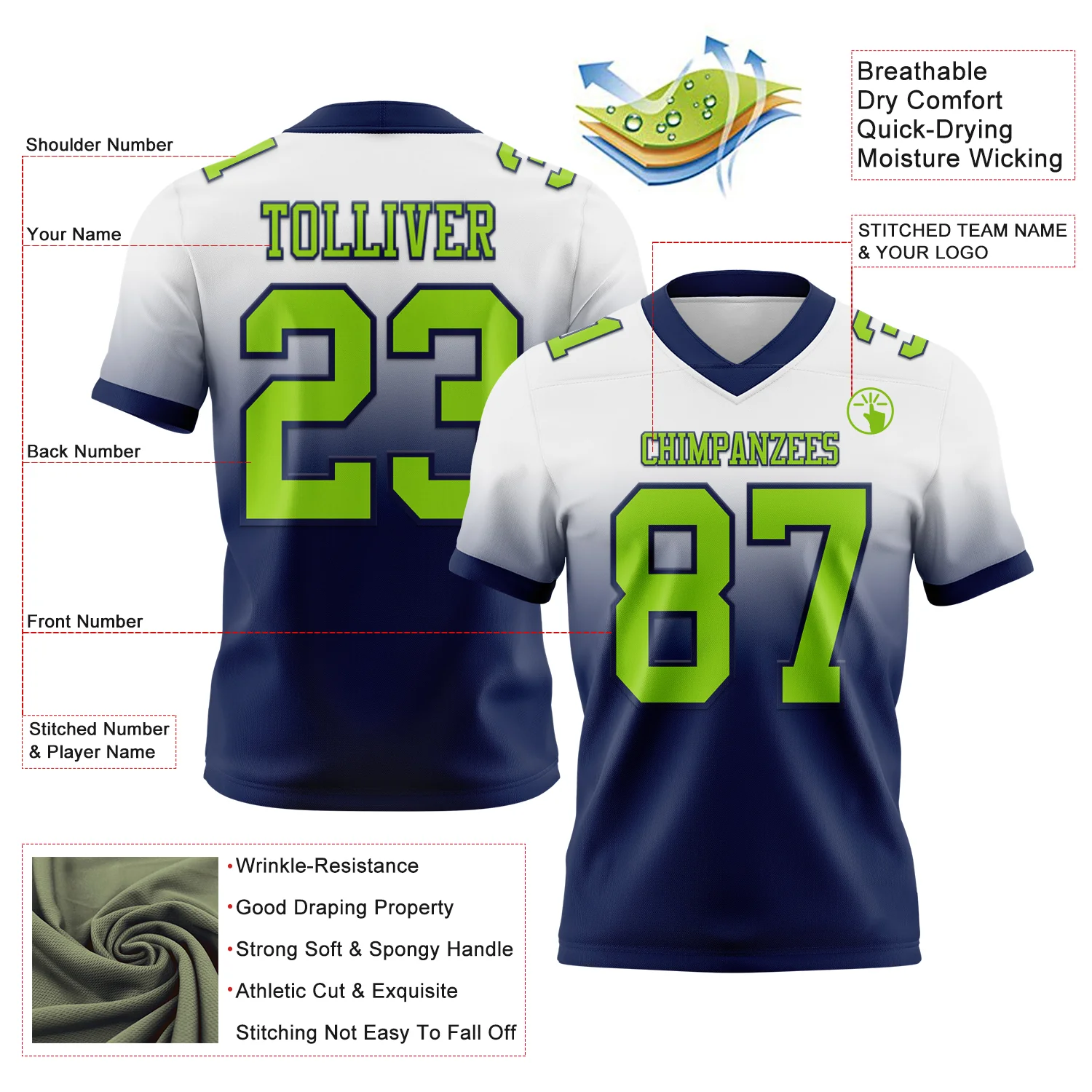 Custom White Neon Green-Navy Authentic Fade Fashion Football Jersey - Image 2