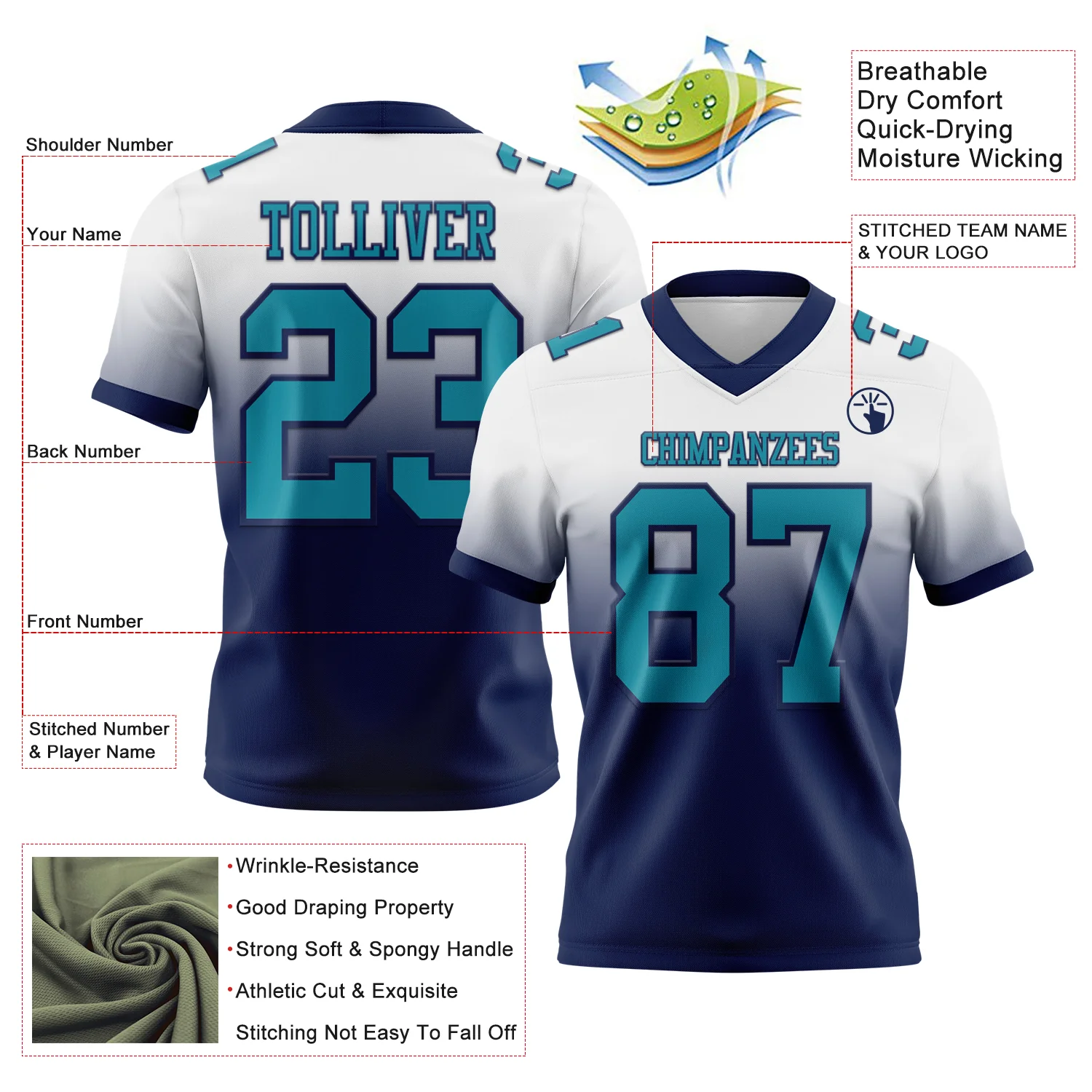 Custom White Teal-Navy Authentic Fade Fashion Football Jersey - Image 2