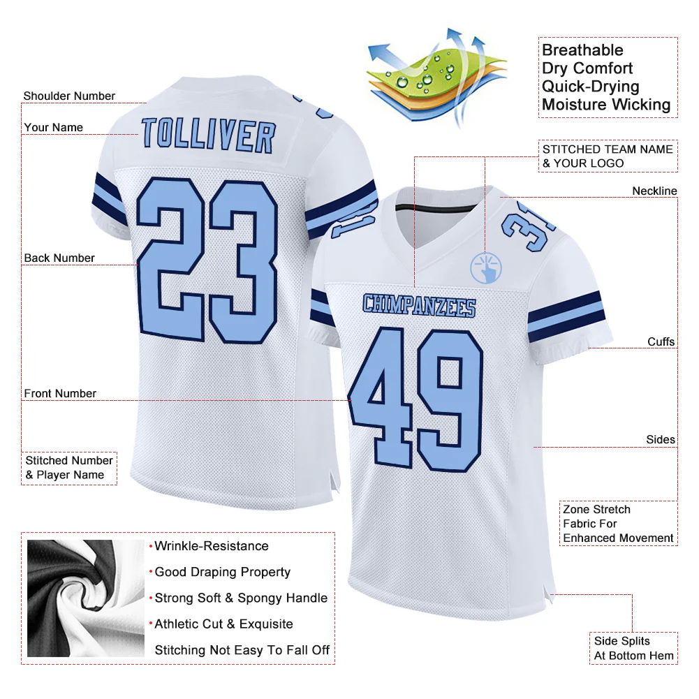 Custom White Light Blue-Navy Mesh Authentic Football Jersey - Image 2