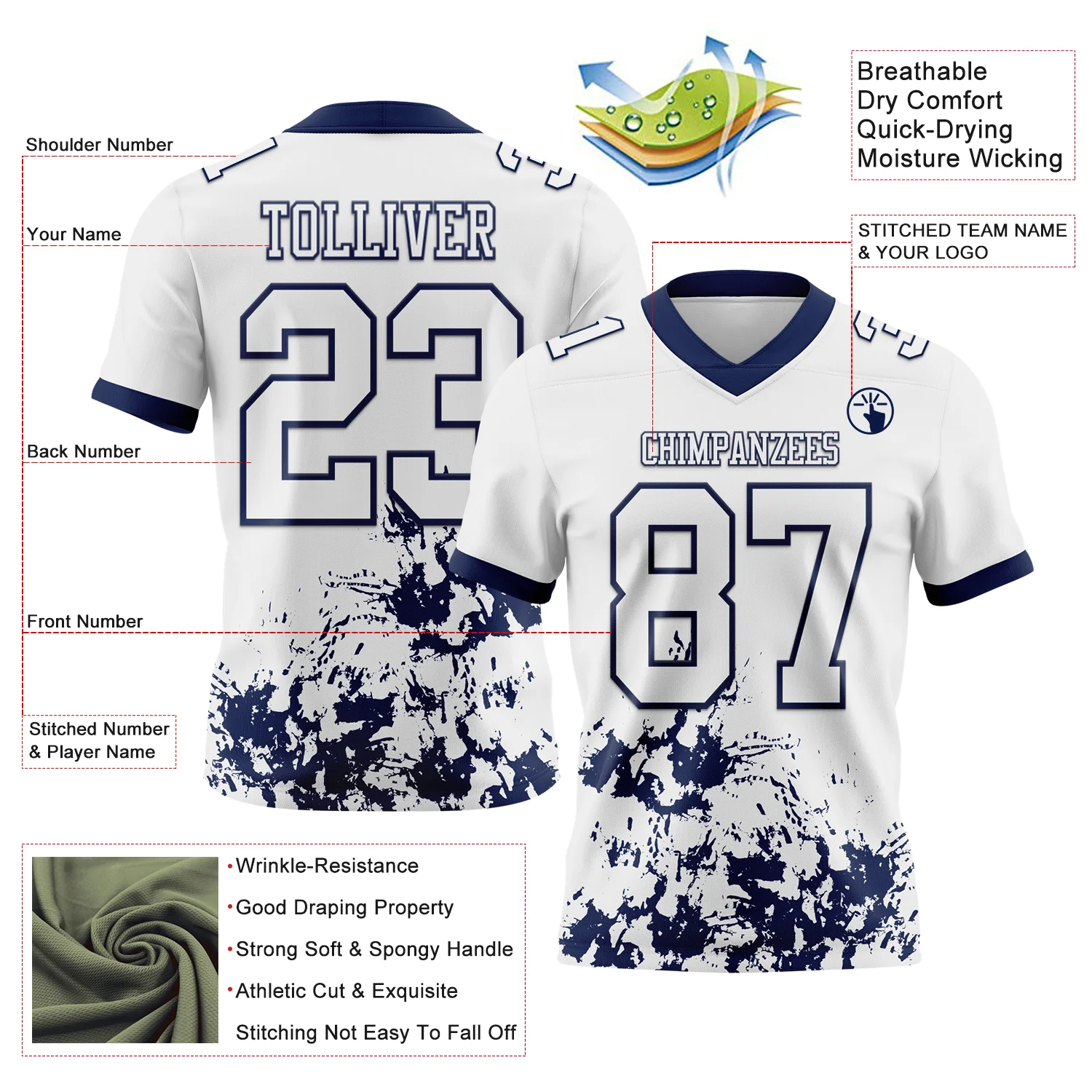Custom White Navy 3D Pattern Splash Authentic Football Jersey - Image 2