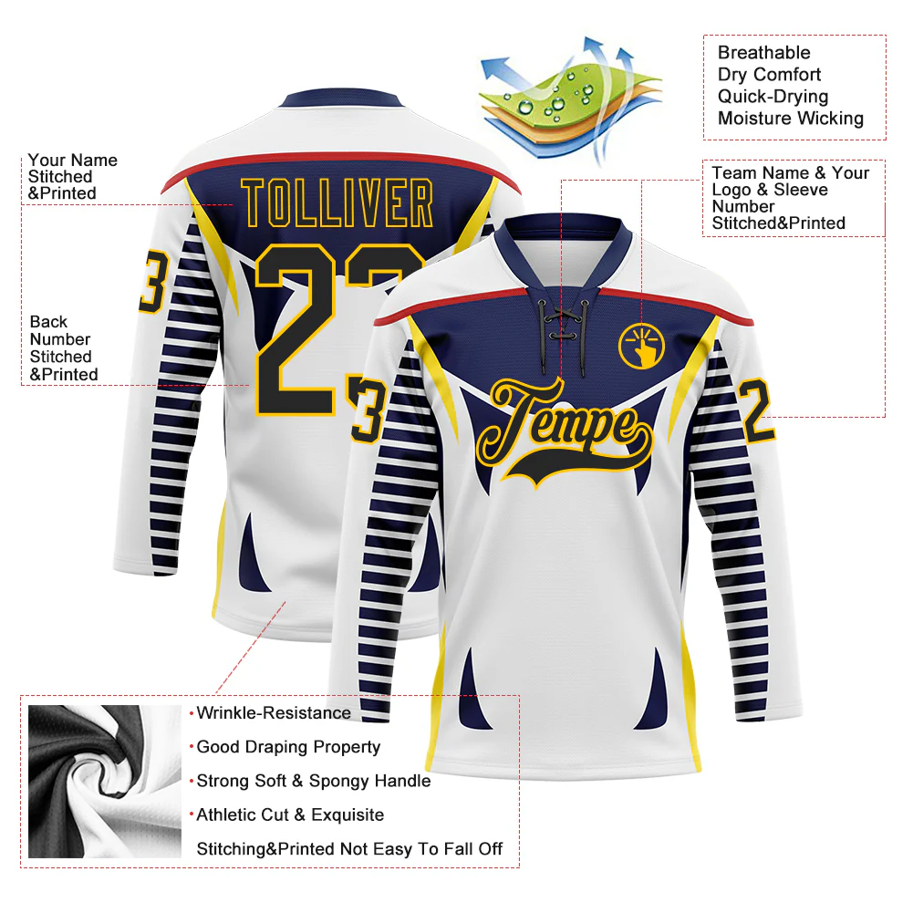 Custom White Black Navy Red-Yellow Abstract Pattern Graphic Cyber Mecha E-sport Hockey Lace Neck Jersey - Image 5