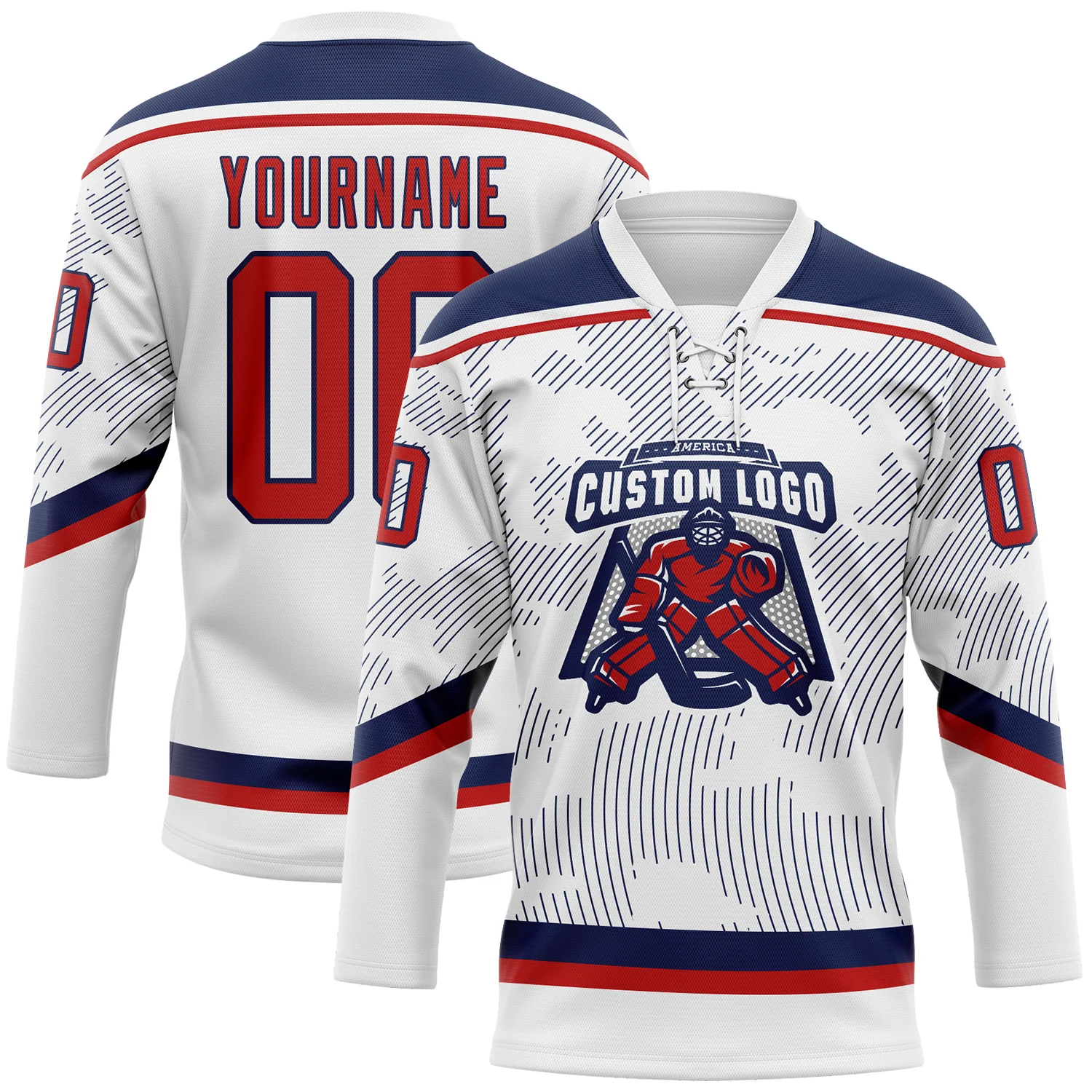 Custom White Red-Navy 3D Pattern Curve Lines Hockey Lace Neck Jersey - Image 2