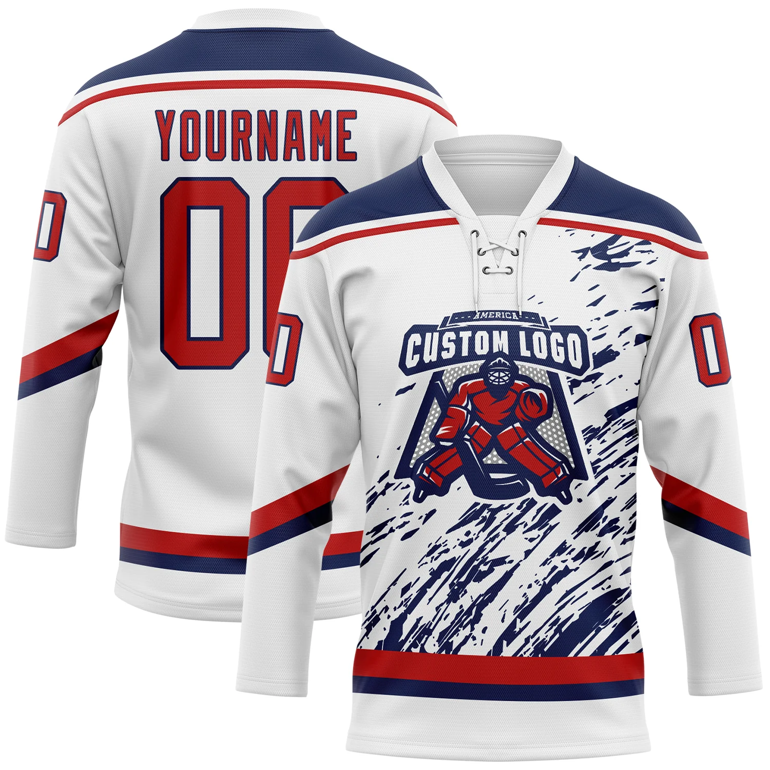 Custom White Red-Navy 3D Splash Art Hockey Lace Neck Jersey - Image 2