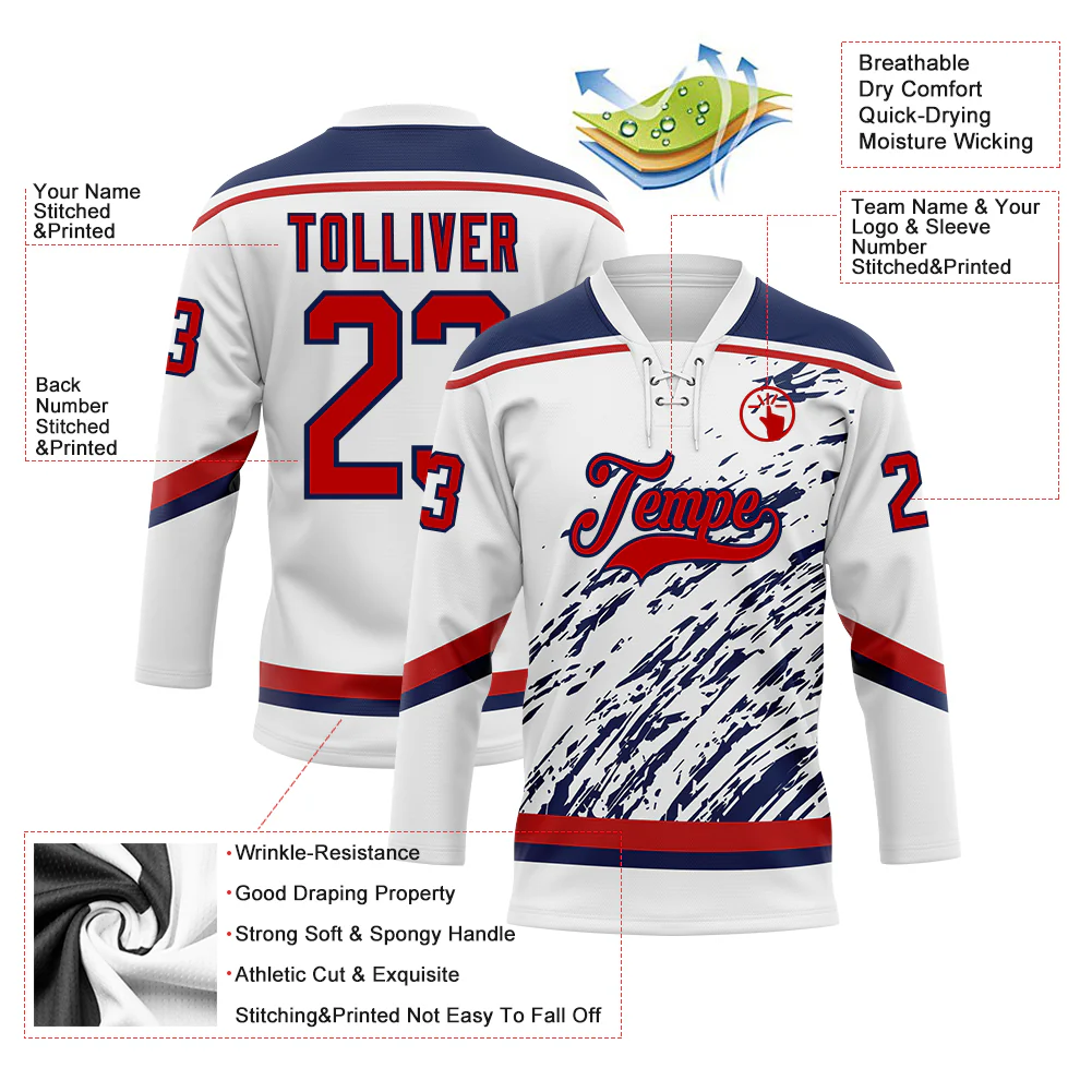 Custom White Red-Navy 3D Splash Art Hockey Lace Neck Jersey - Image 5
