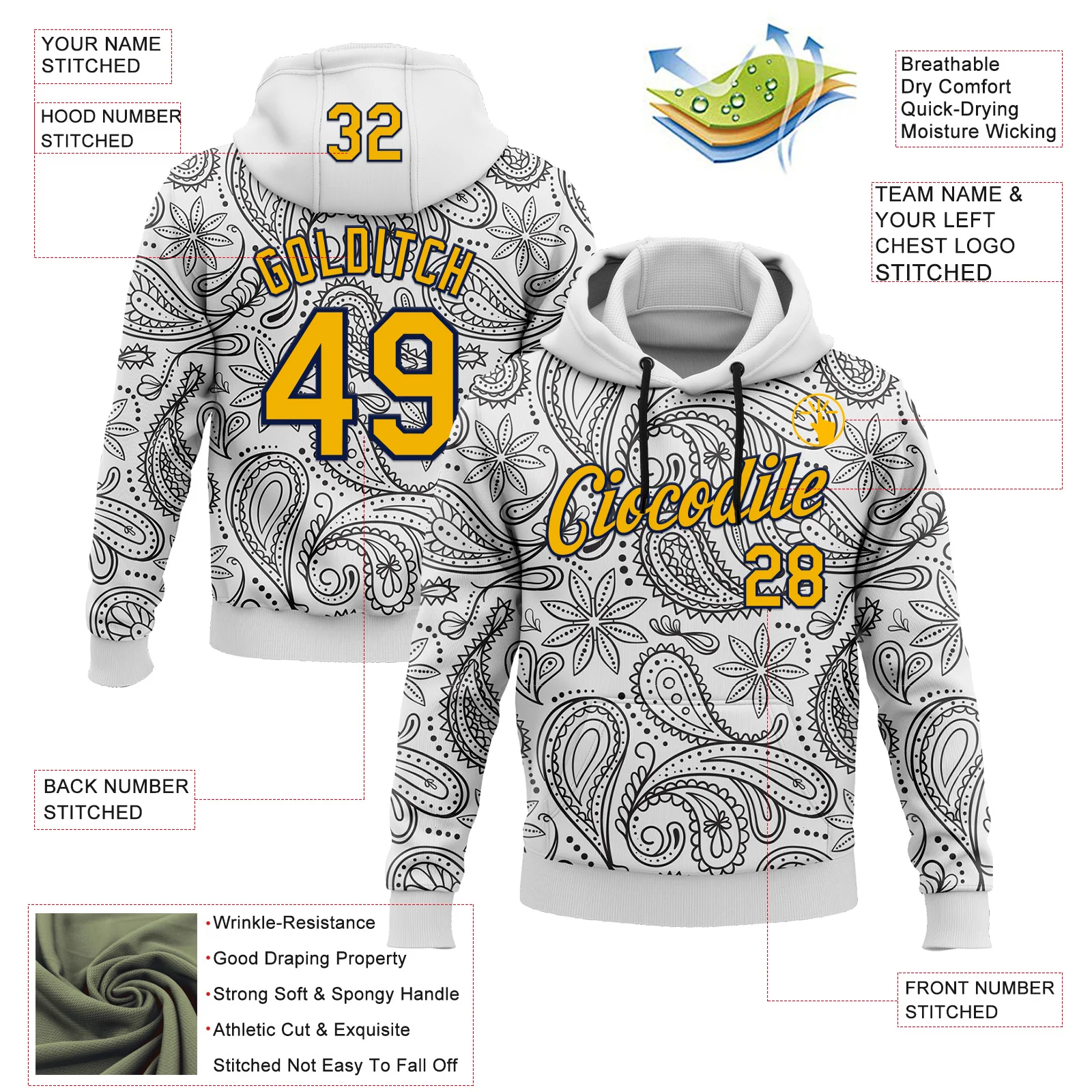 Custom Stitched White Gold-Navy 3D Pattern Design Ethnic Paisley Floral Bandana Sports Pullover Sweatshirt Hoodie - Image 2