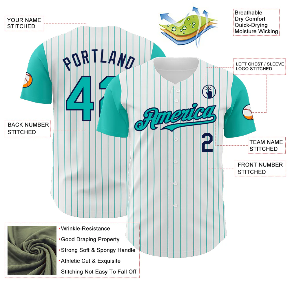 Custom White Aqua Pinstripe Navy Authentic Two Tone Baseball Jersey - Image 3