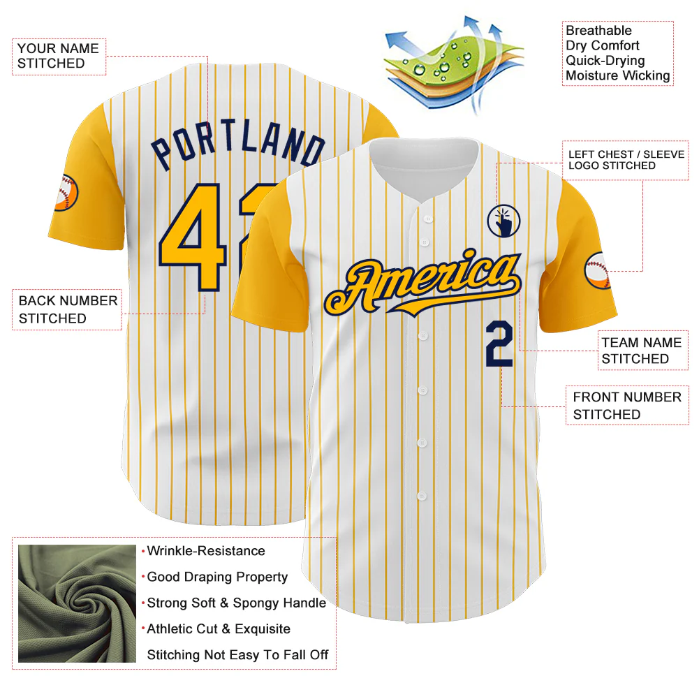 Custom White Gold Pinstripe Navy Authentic Two Tone Baseball Jersey - Image 3