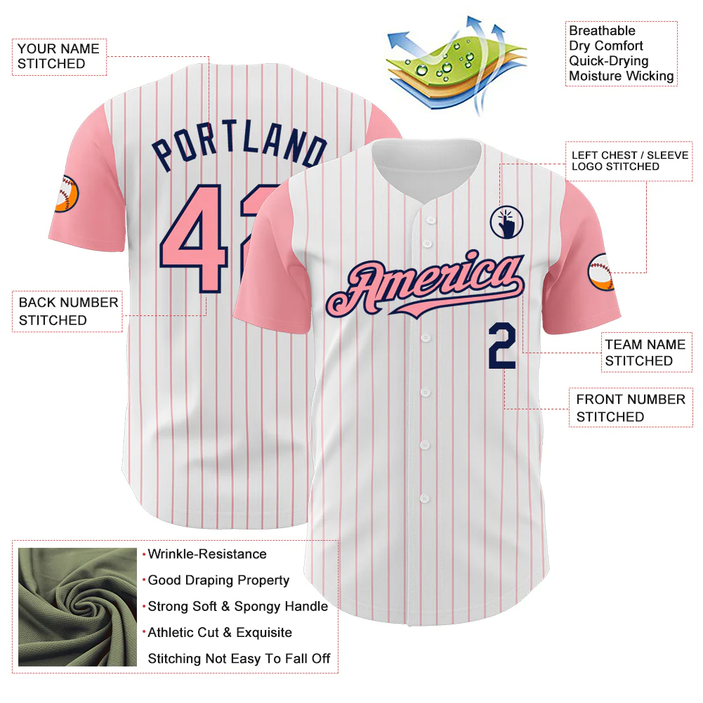 Custom White Medium Pink Pinstripe Navy Authentic Two Tone Baseball Jersey - Image 3