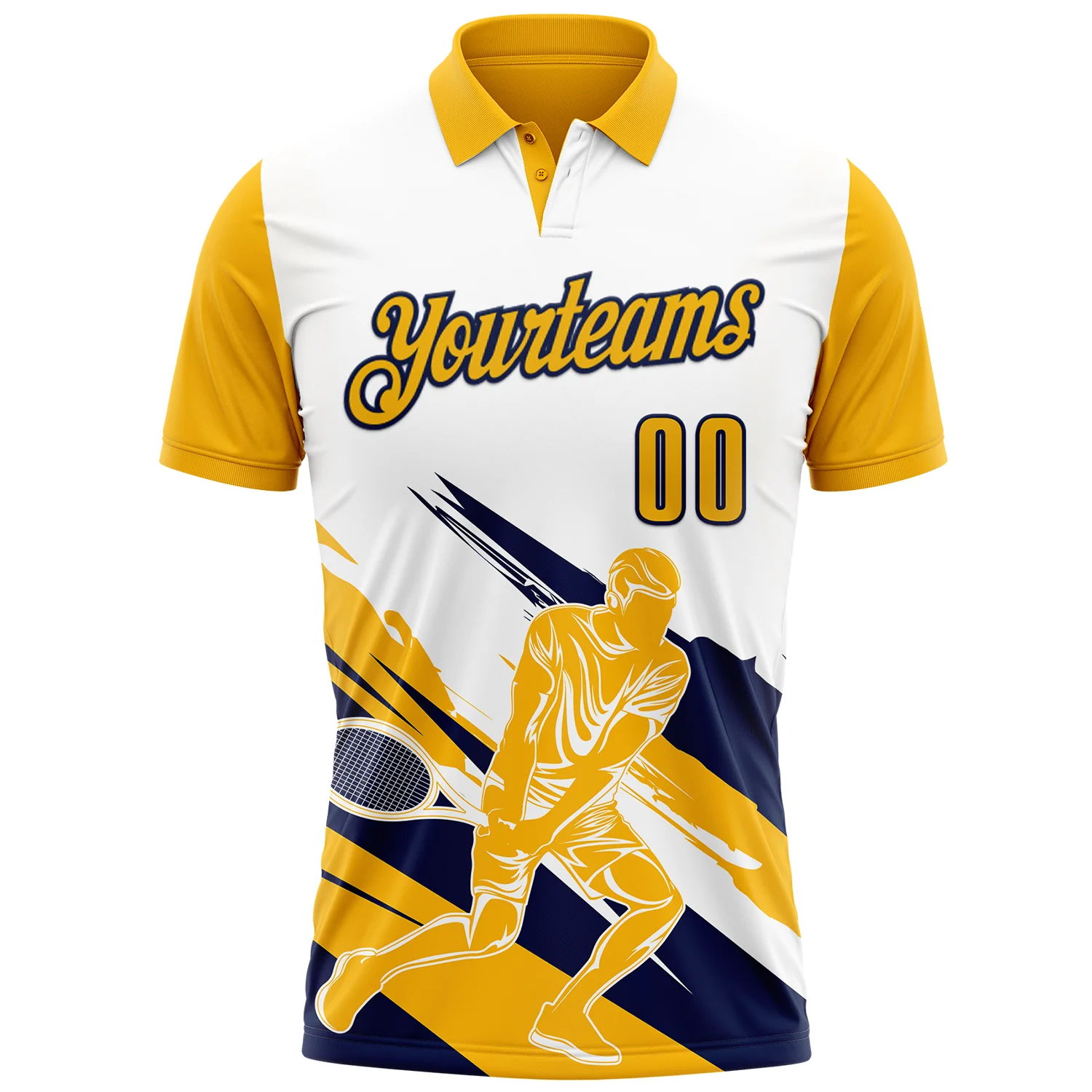 Custom White Gold-Navy 3D Tennis Performance Polo Shirt - Image 2