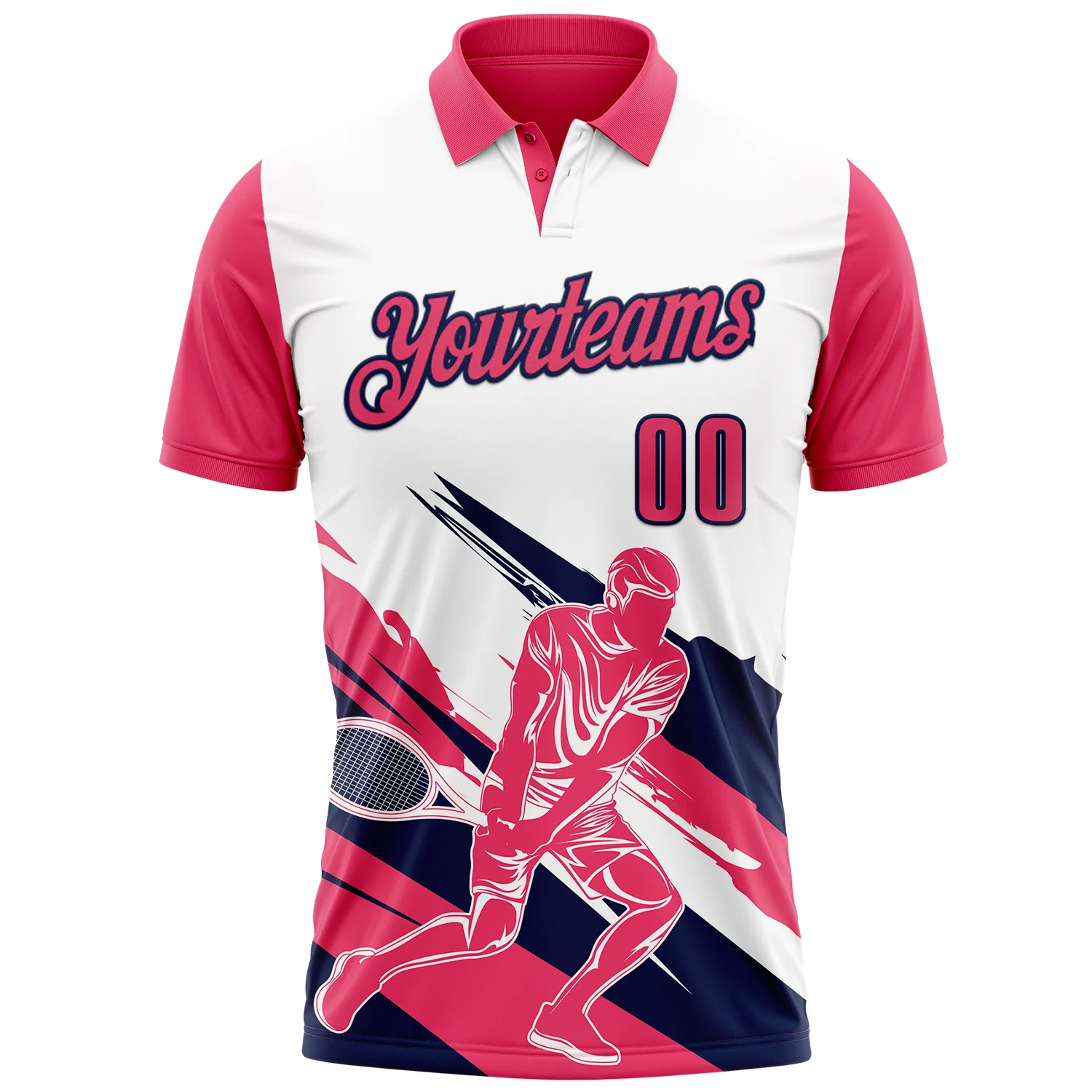 Custom White Neon Pink-Navy 3D Tennis Performance Polo Shirt - Image 2