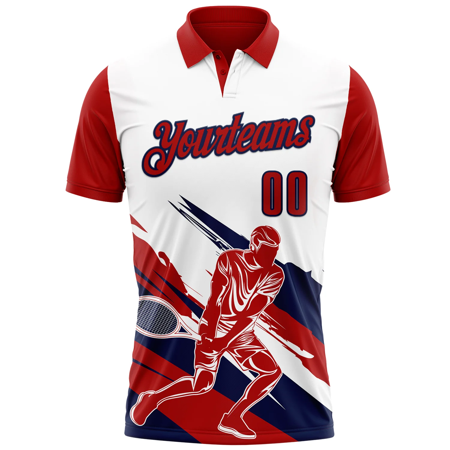 Custom White Red-Navy 3D Tennis Performance Polo Shirt - Image 2
