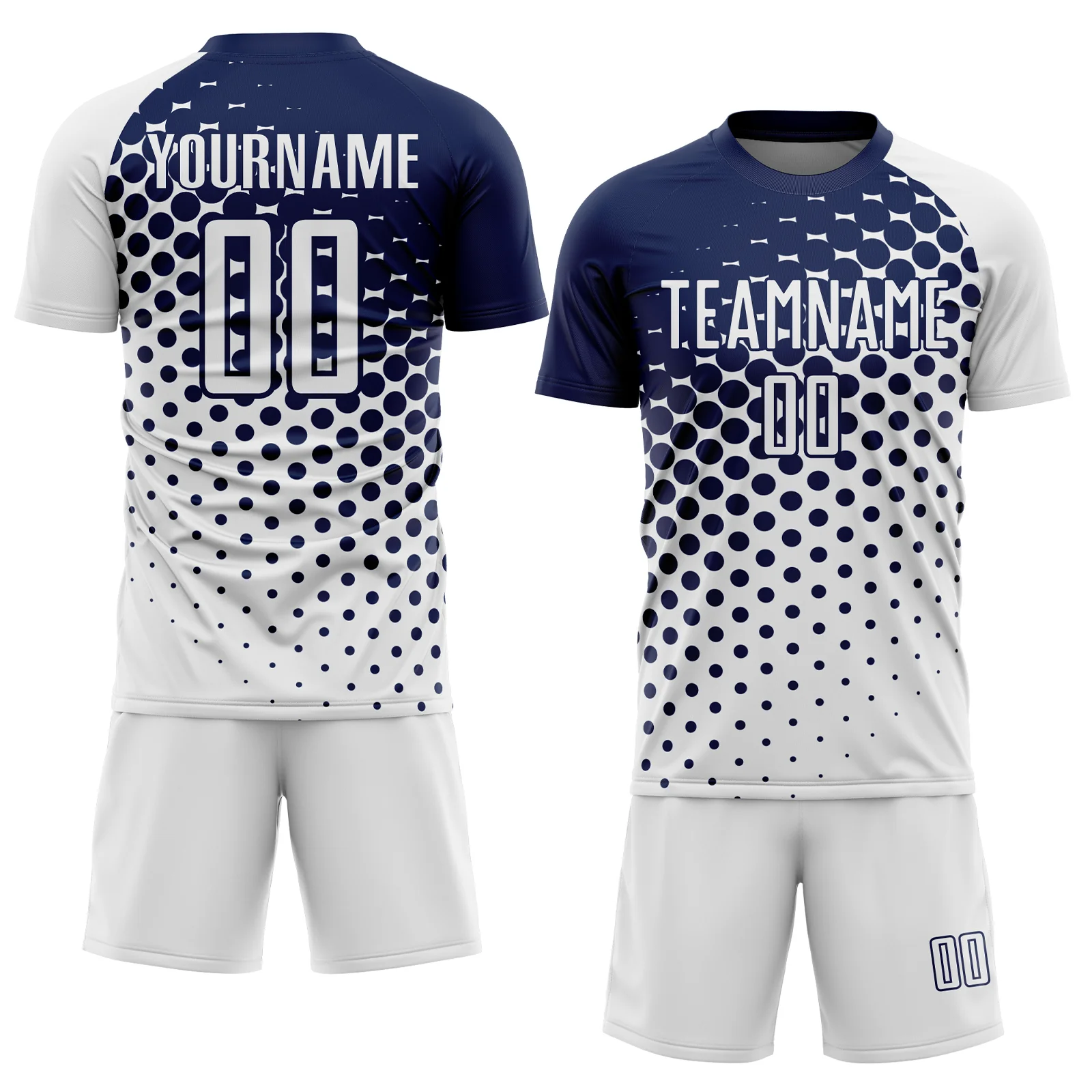 Custom White Navy Modern Polka Dot Sublimation Soccer Uniform Jersey - Image 2