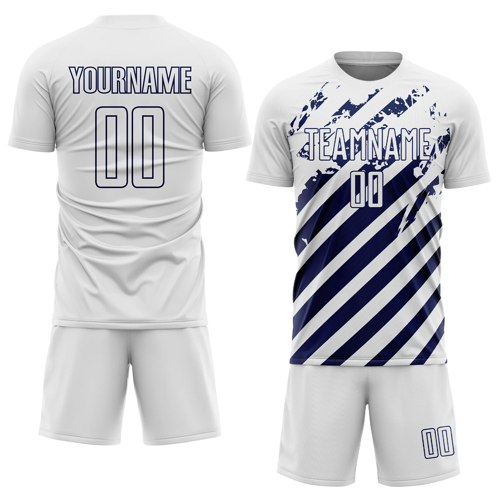 Custom White Navy Distressed Diagonal Stripe Pattern Sports Sublimation Soccer Uniform Jersey - Image 2