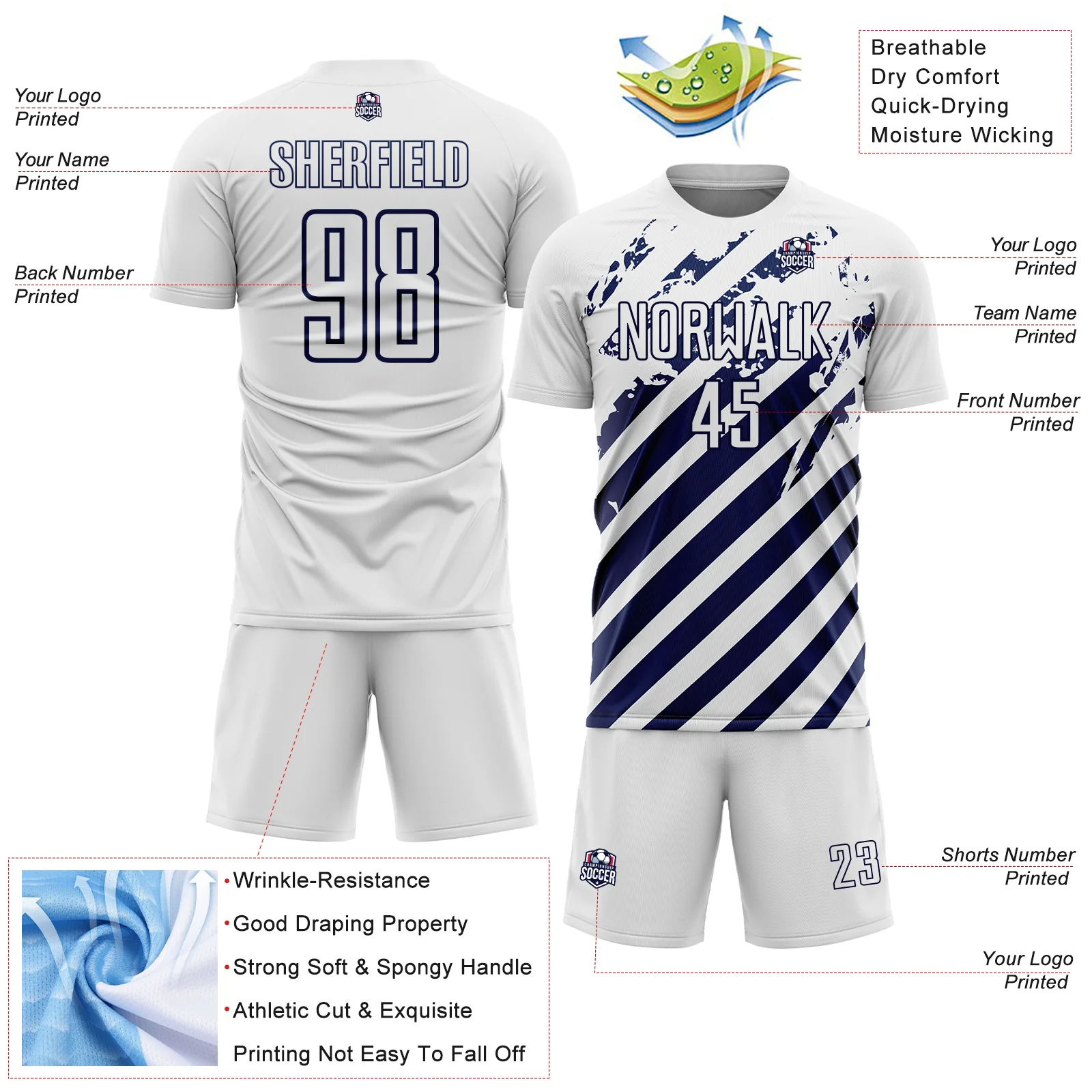 Custom White Navy Distressed Diagonal Stripe Pattern Sports Sublimation Soccer Uniform Jersey - Image 4