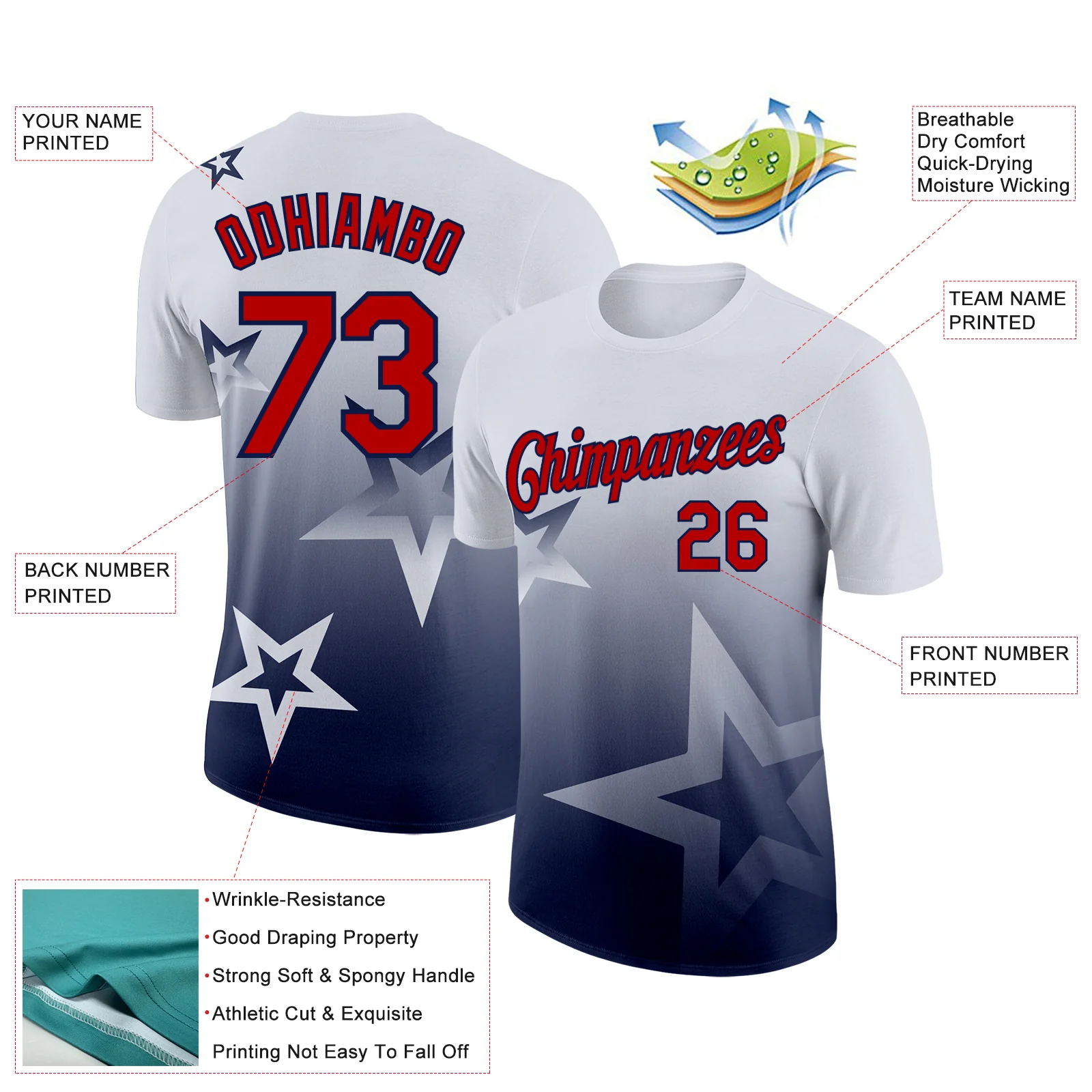 Custom White Red-Navy 3D Pattern Design Gradient Style Twinkle Star Performance T-Shirt - Image 2