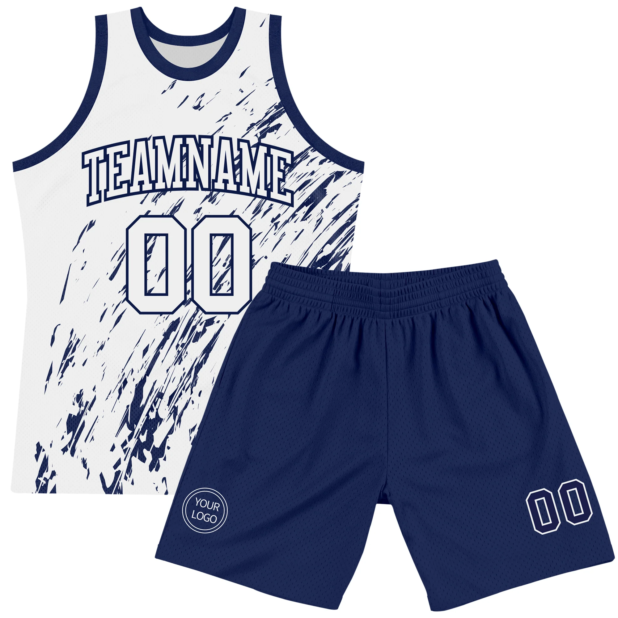 Custom White Navy Splash Round Neck Sublimation Basketball Suit Jersey - Image 2