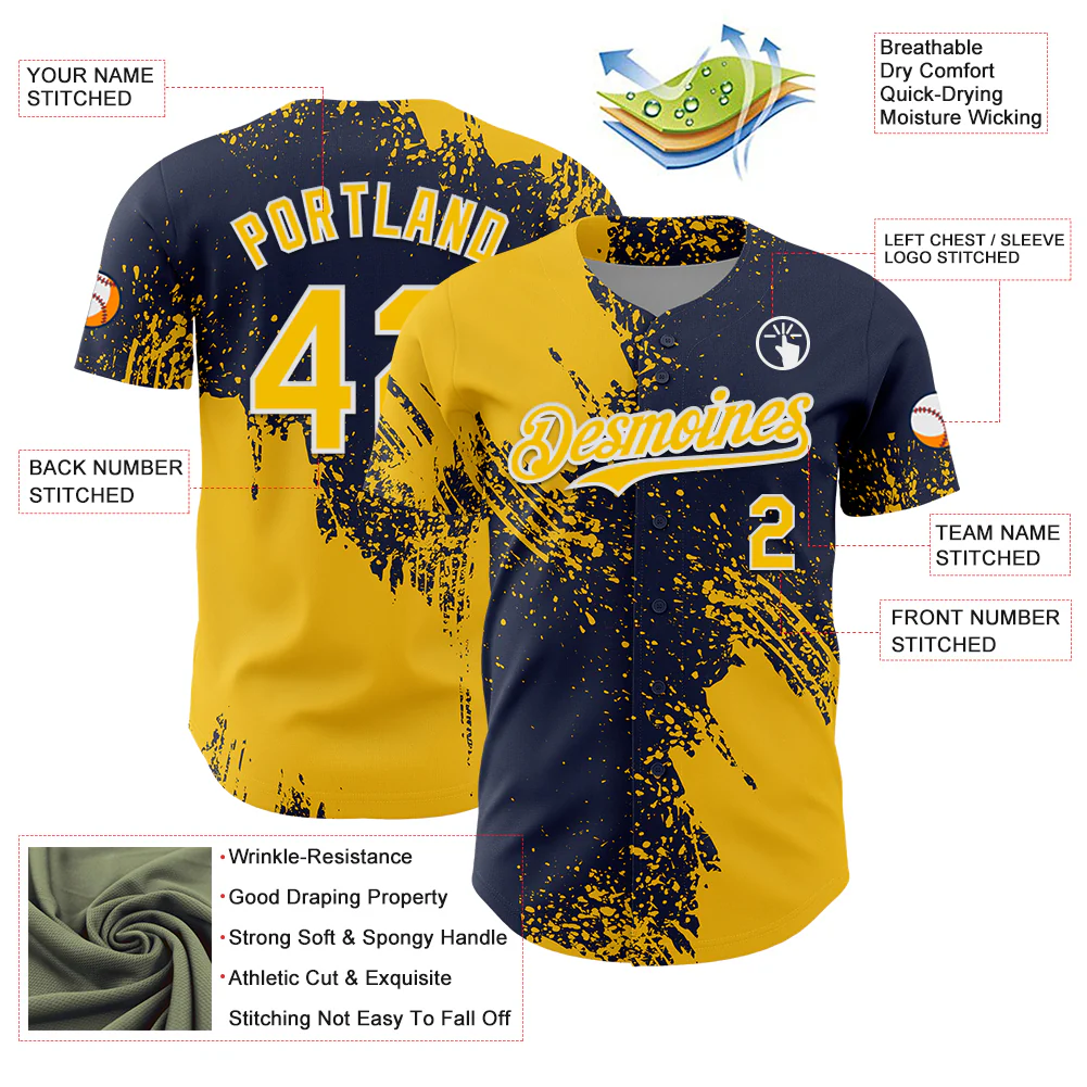 Custom Yellow Navy-White 3D Pattern Design Abstract Brush Stroke Authentic Baseball Jersey - Image 3