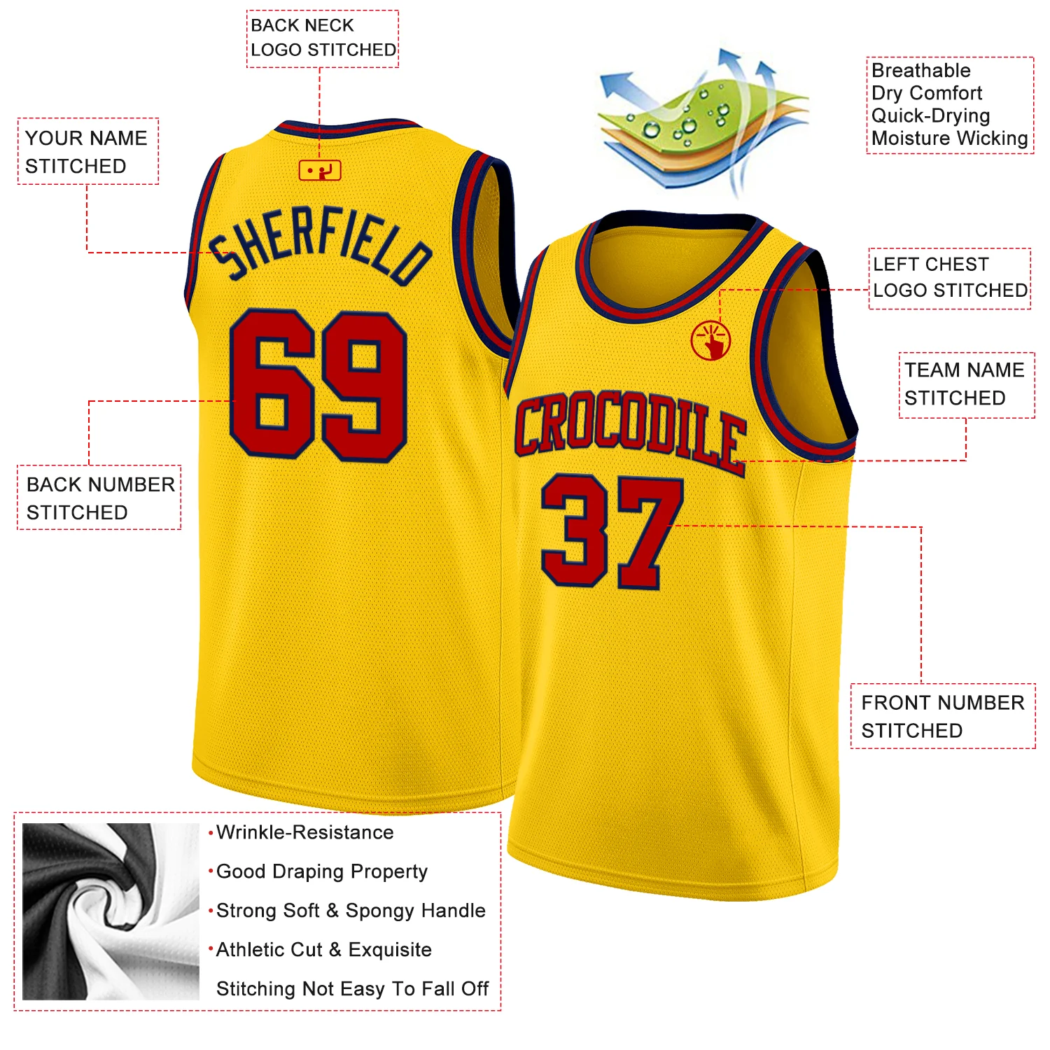 Custom Yellow Red-Navy Authentic Basketball Jersey - Image 2