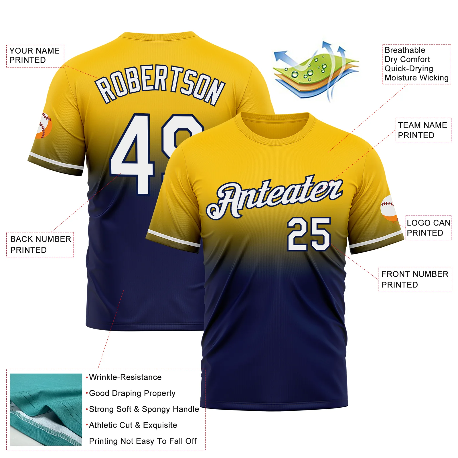 Custom Yellow White-Navy Fade Fashion Performance T-Shirt - Image 3
