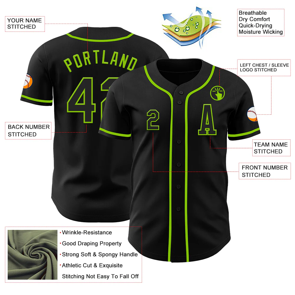 Custom Black Neon Green Authentic Baseball Jersey - Image 2