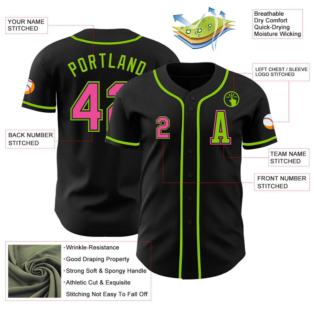 Custom Black Pink-Neon Green Authentic Baseball Jersey - Image 2