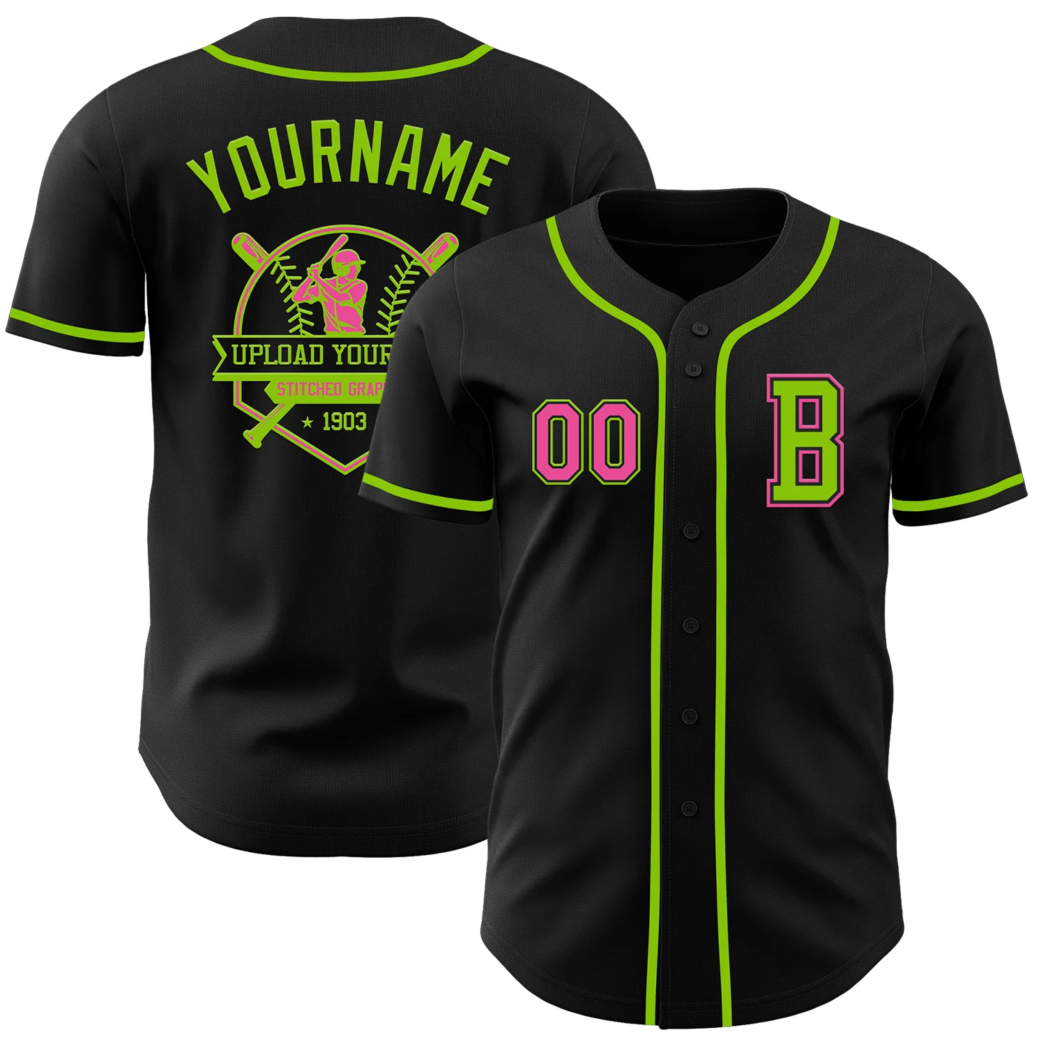 Custom Black Pink-Neon Green Authentic Baseball Jersey - Image 5