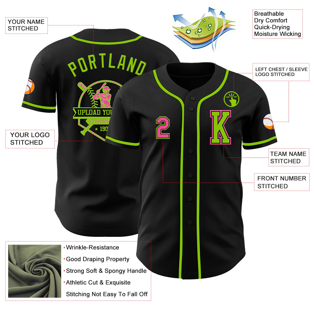Custom Black Pink-Neon Green Authentic Baseball Jersey - Image 6