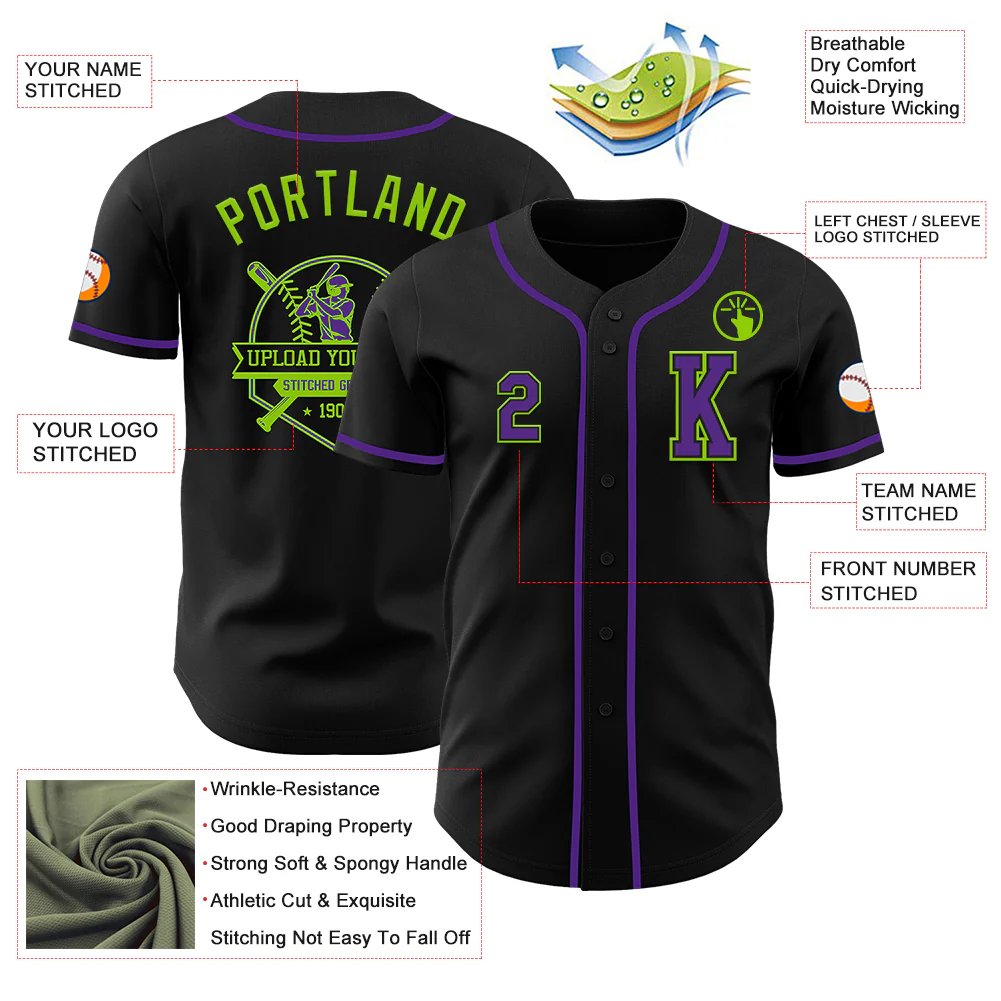 Custom Black Purple-Neon Green Authentic Baseball Jersey - Image 6