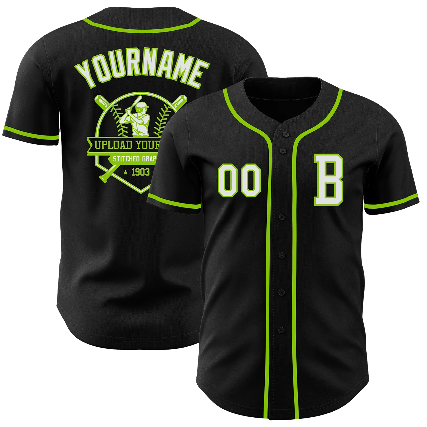 Custom Black White-Neon Green Authentic Baseball Jersey - Image 5