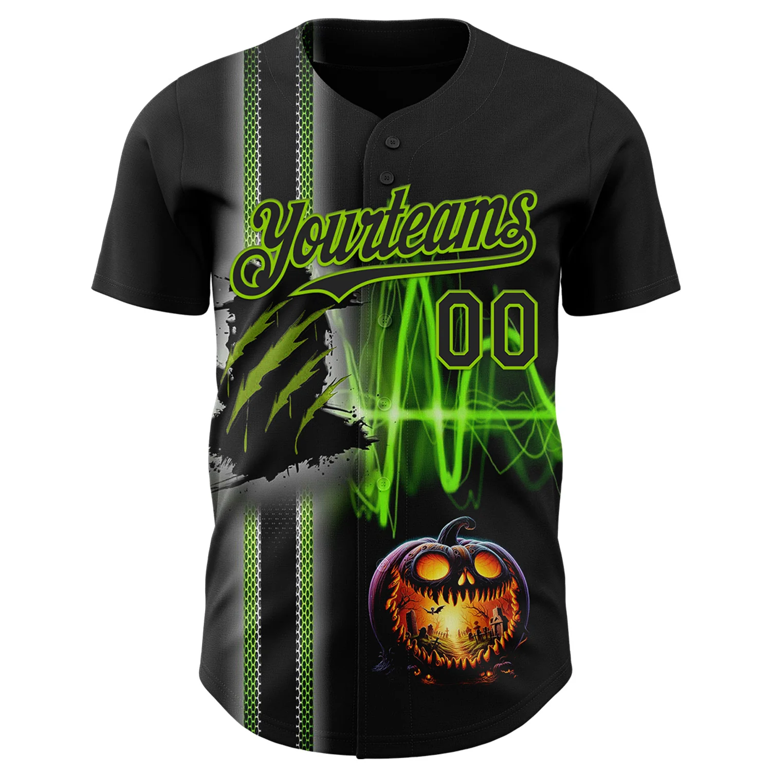 Custom Black Neon Green 3D Halloween Spooky Pumpkin Scratch Authentic Baseball Jersey - Image 2