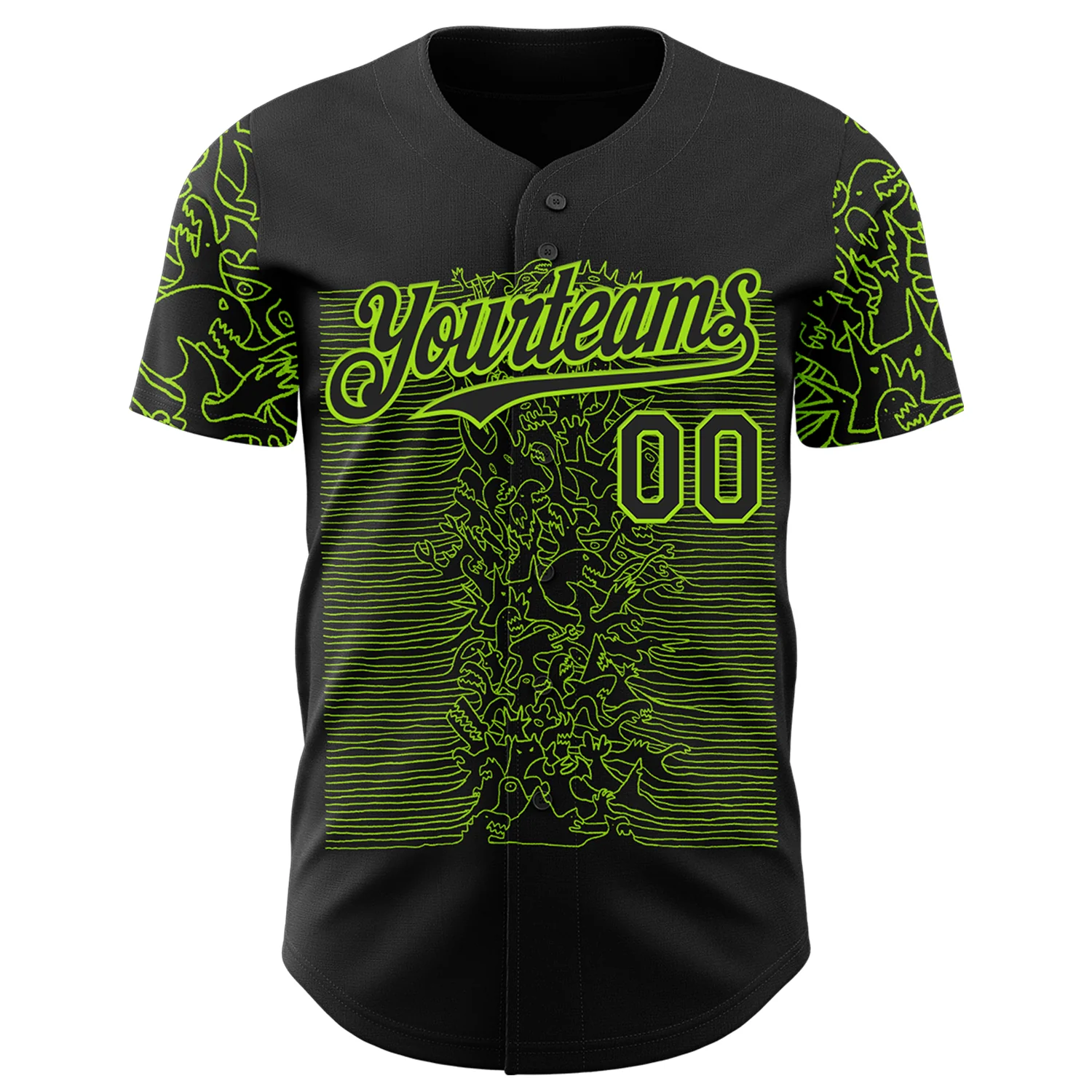 Custom Black Black-Neon Green 3D Tobe Fonseca Dinosaur Joy Division Authentic Baseball Jersey - Image 2