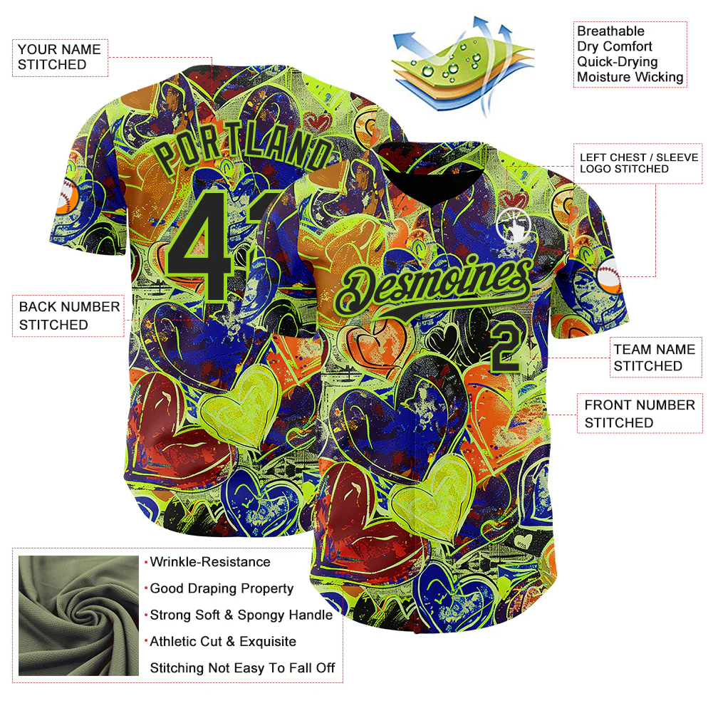 Custom Black Neon Green Valentine's Day Love Heart Authentic Baseball Jersey - Image 3
