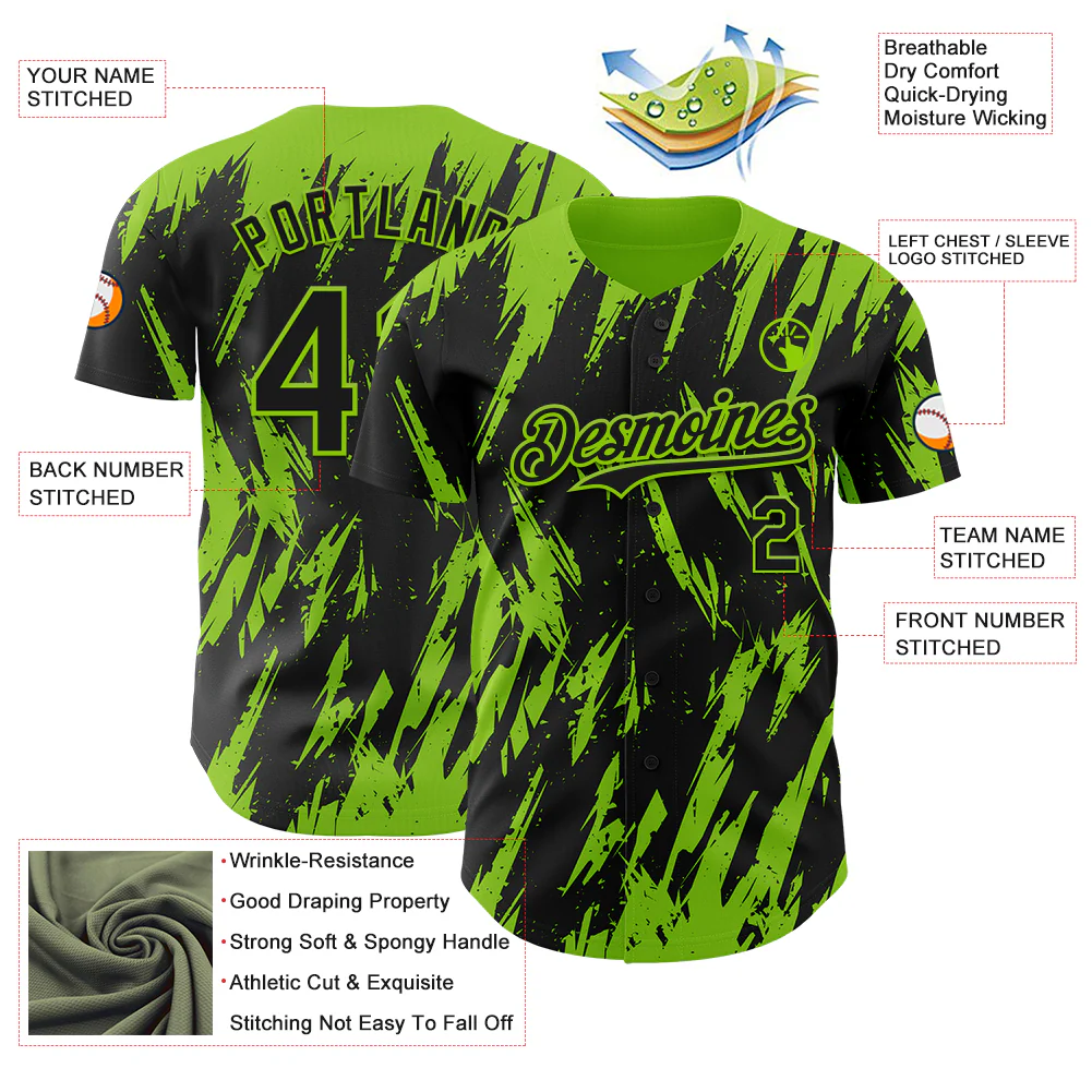 Custom Black Neon Green Splatter Torn Sharp Brush Stroke Authentic Baseball Jersey - Image 3
