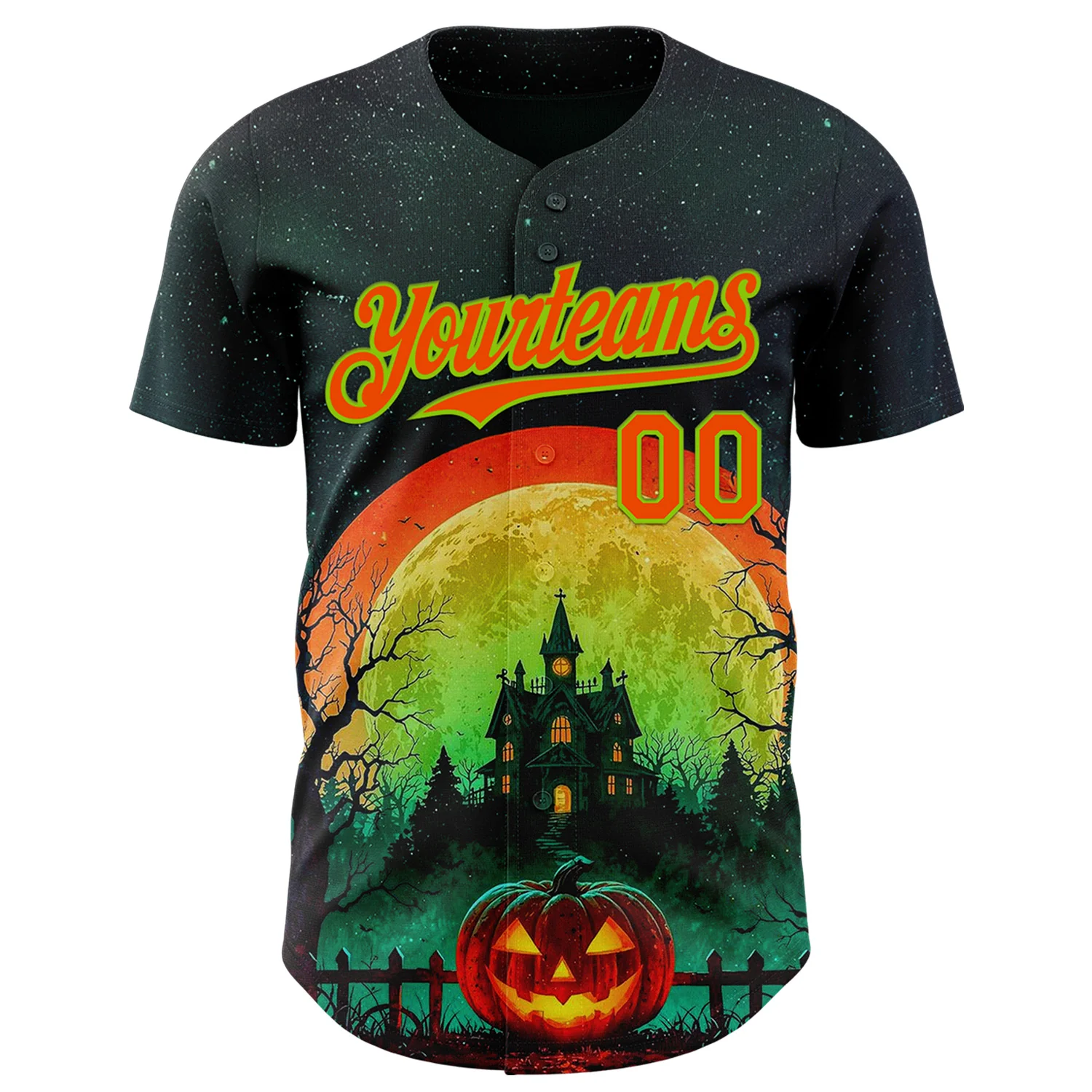 Custom Black Orange-Neon Green 3D Halloween Spooky Pumpkin Authentic Baseball Jersey - Image 2
