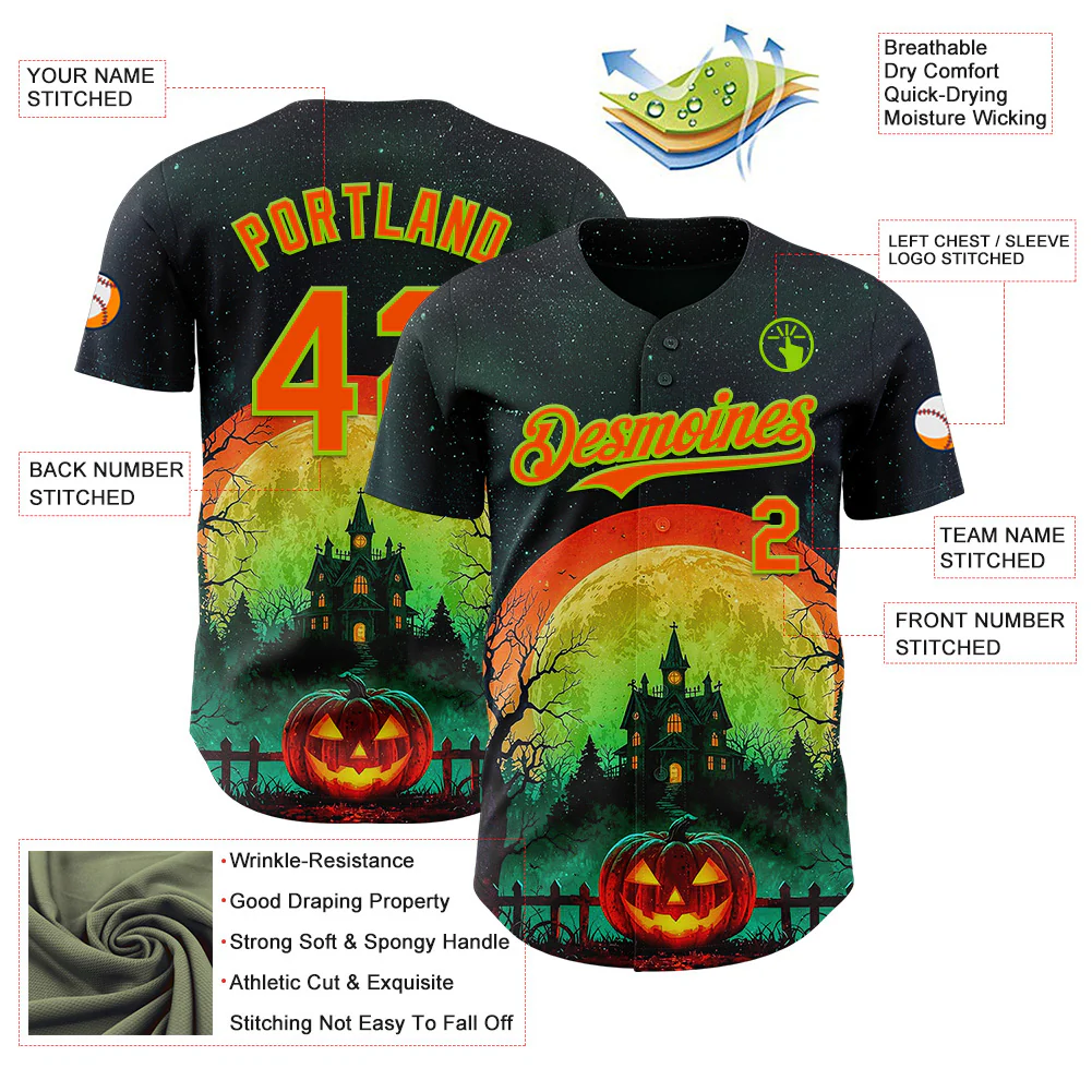 Custom Black Orange-Neon Green 3D Halloween Spooky Pumpkin Authentic Baseball Jersey - Image 3