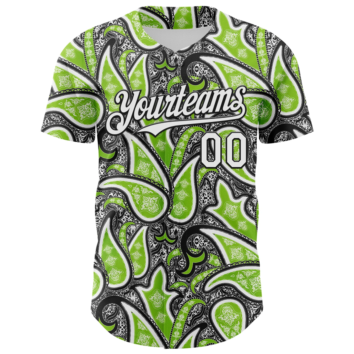 Custom Black White-Neon Green Rave Party Ethnic Paisley Bandana Authentic Baseball Jersey - Image 2