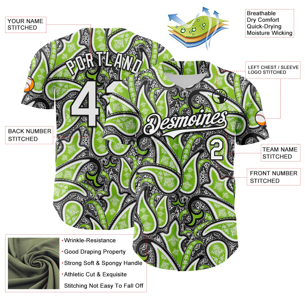 Custom Black White-Neon Green Rave Party Ethnic Paisley Bandana Authentic Baseball Jersey - Image 3