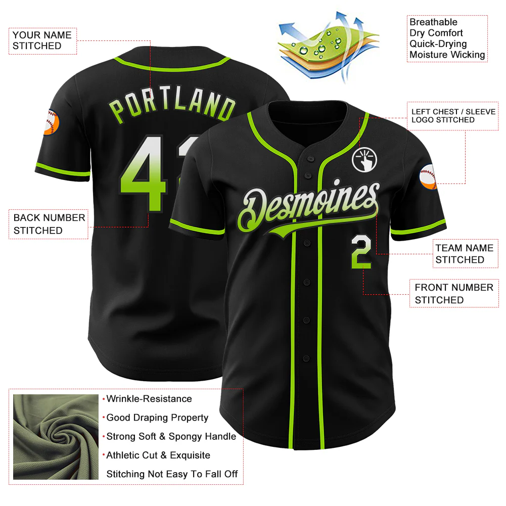 Custom Black White-Neon Green Authentic Fade Fashion Baseball Jersey - Image 3