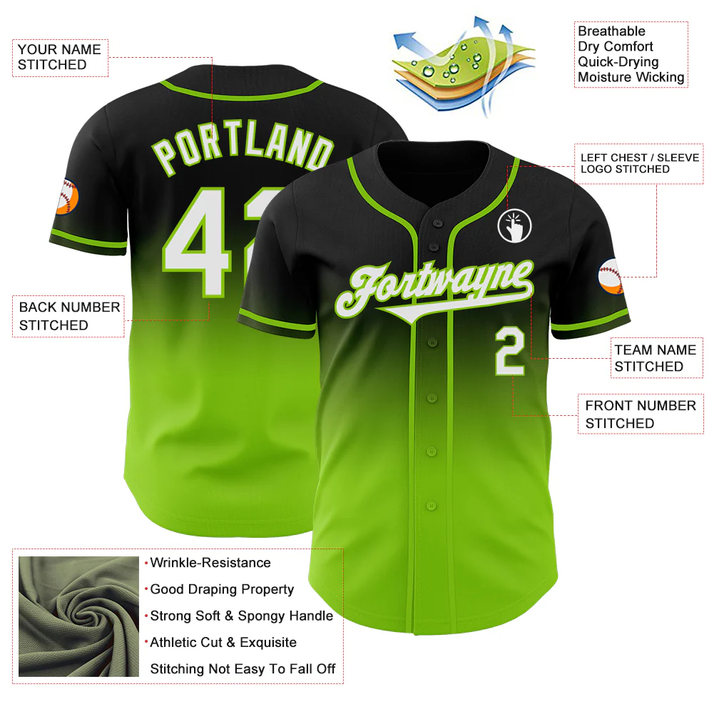 Custom Black White-Neon Green Authentic Fade Fashion Baseball Jersey - Image 3