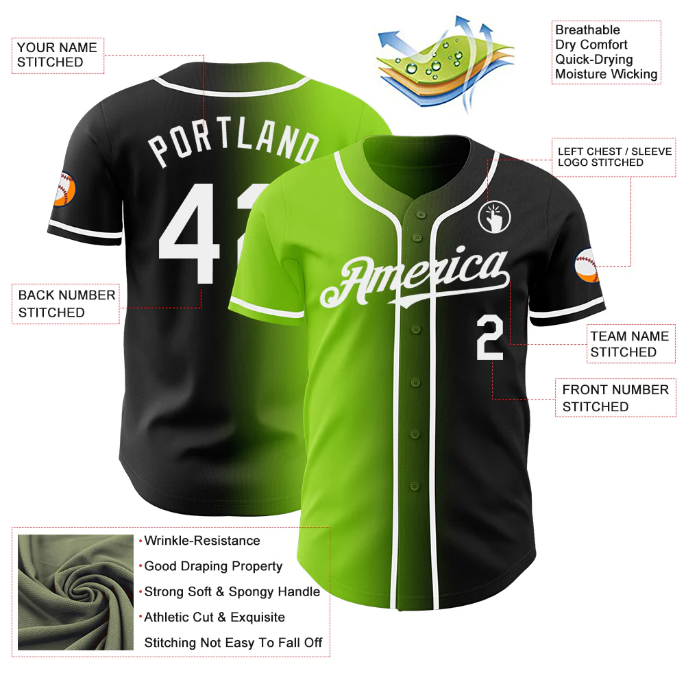 Custom Black White-Neon Green Authentic Gradient Fashion Baseball Jersey - Image 3