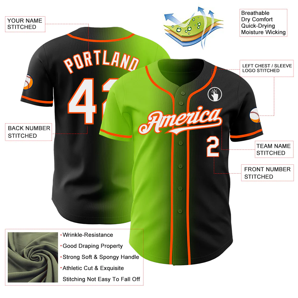Custom Black White Neon Green-Orange Authentic Gradient Fashion Baseball Jersey - Image 3