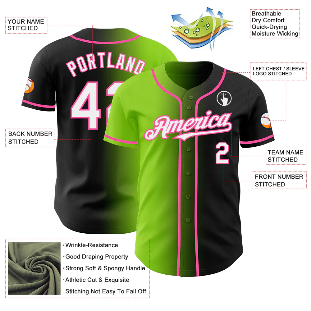 Custom Black White Neon Green-Pink Authentic Gradient Fashion Baseball Jersey - Image 3
