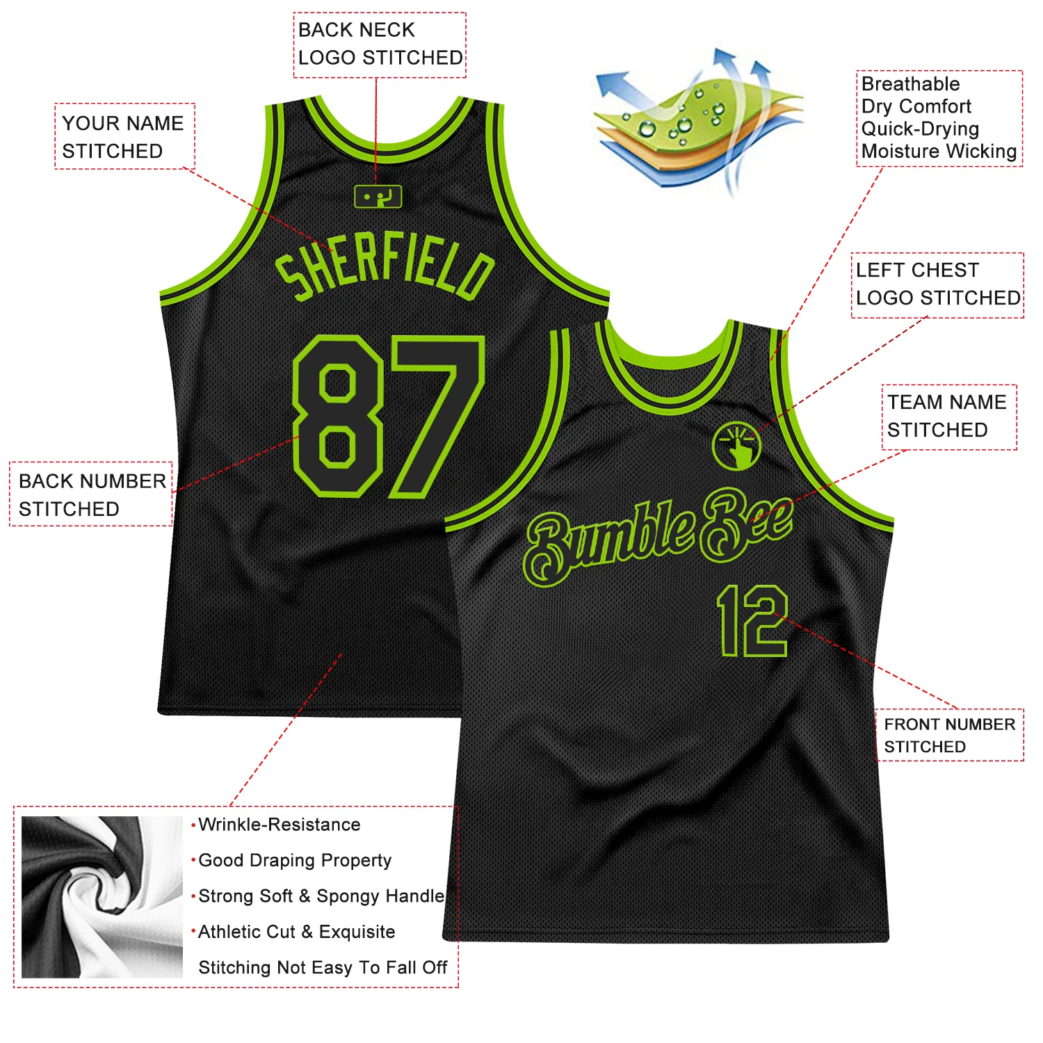 Custom Black Neon Green Authentic Throwback Basketball Jersey - Image 2
