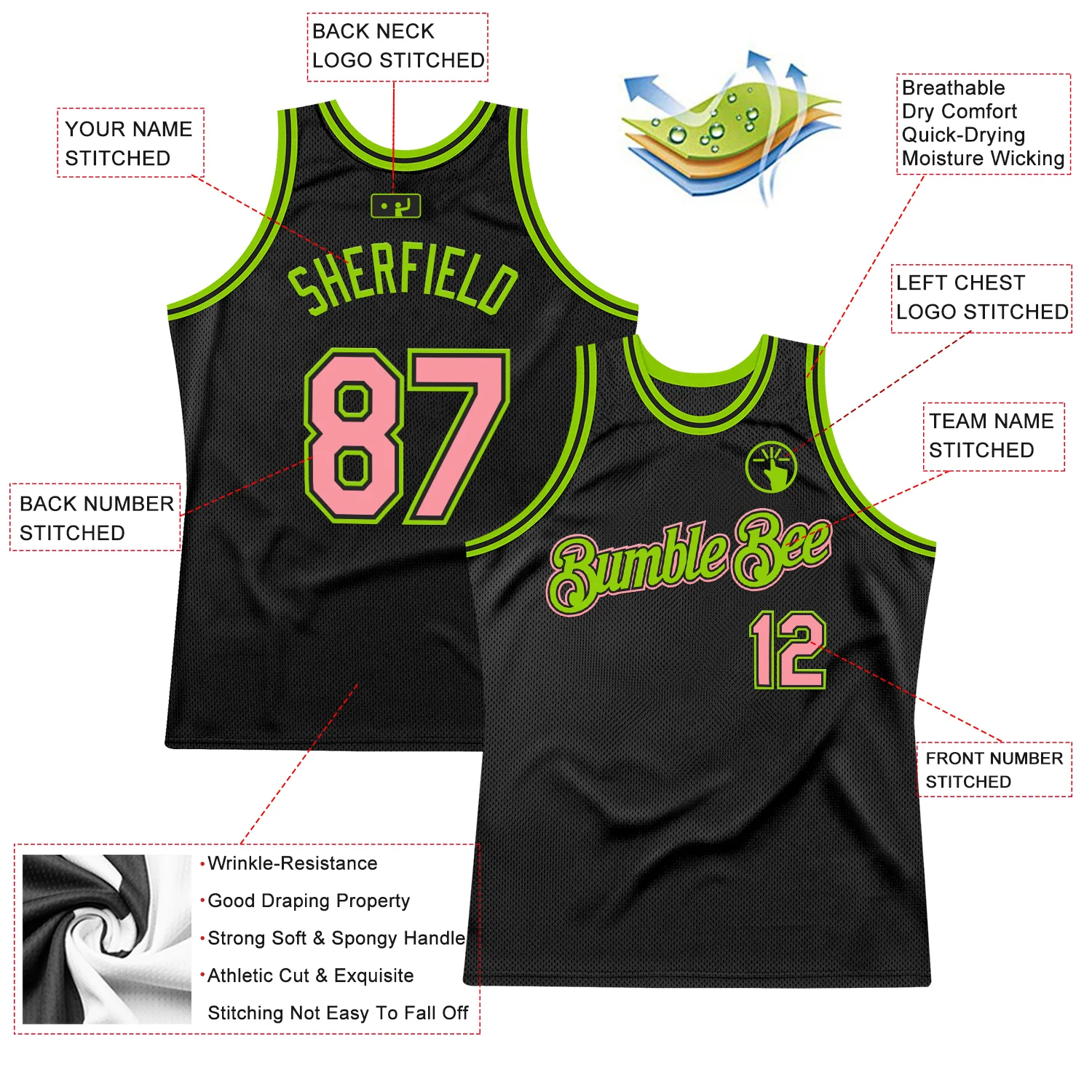 Custom Black Medium Pink-Neon Green Authentic Throwback Basketball Jersey - Image 2