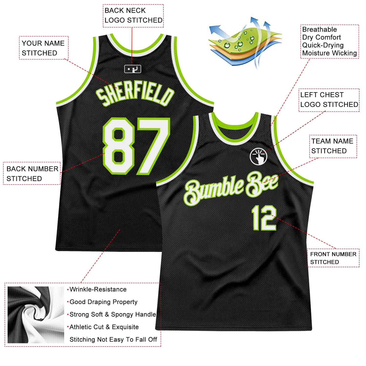 Custom Black White-Neon Green Authentic Throwback Basketball Jersey - Image 2