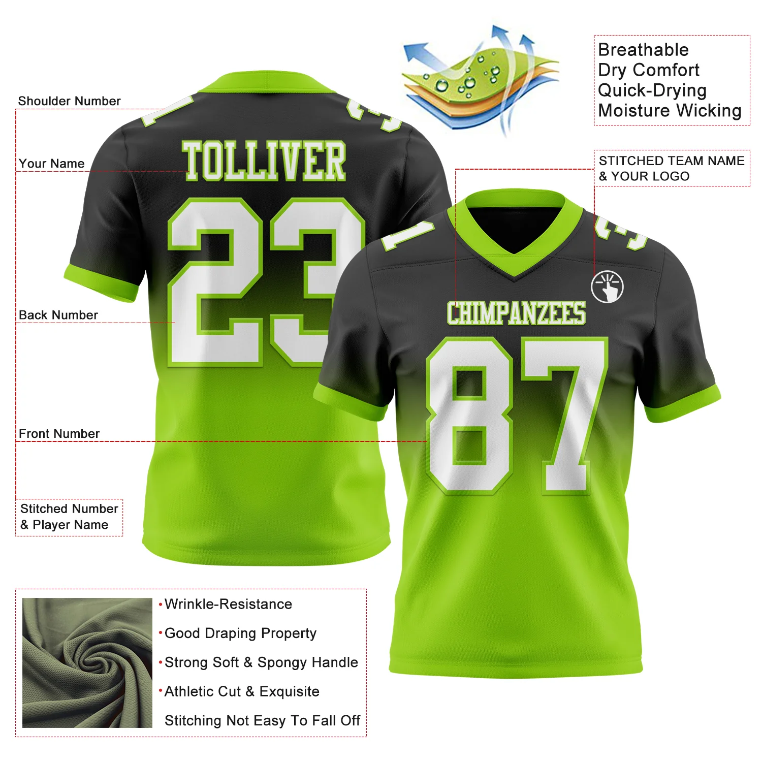 Custom Black White-Neon Green Authentic Fade Fashion Football Jersey - Image 2