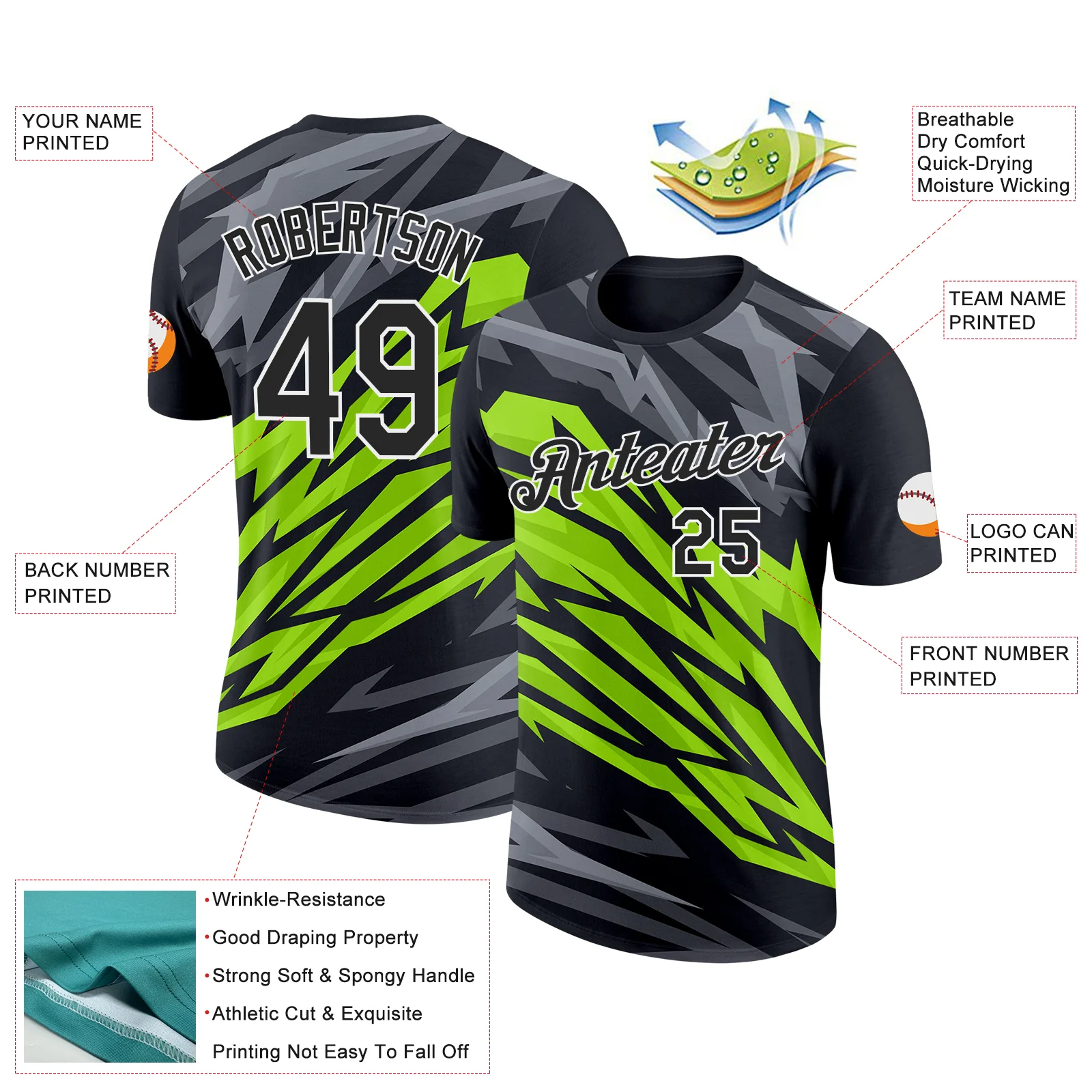 Custom Black Neon Green-Steel Gray 3D Esports Performance T-Shirt - Image 2