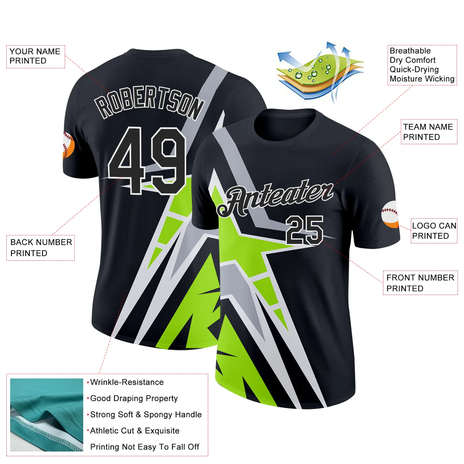 Custom Black Neon Green-Gray 3D Esports Performance T-Shirt - Image 2